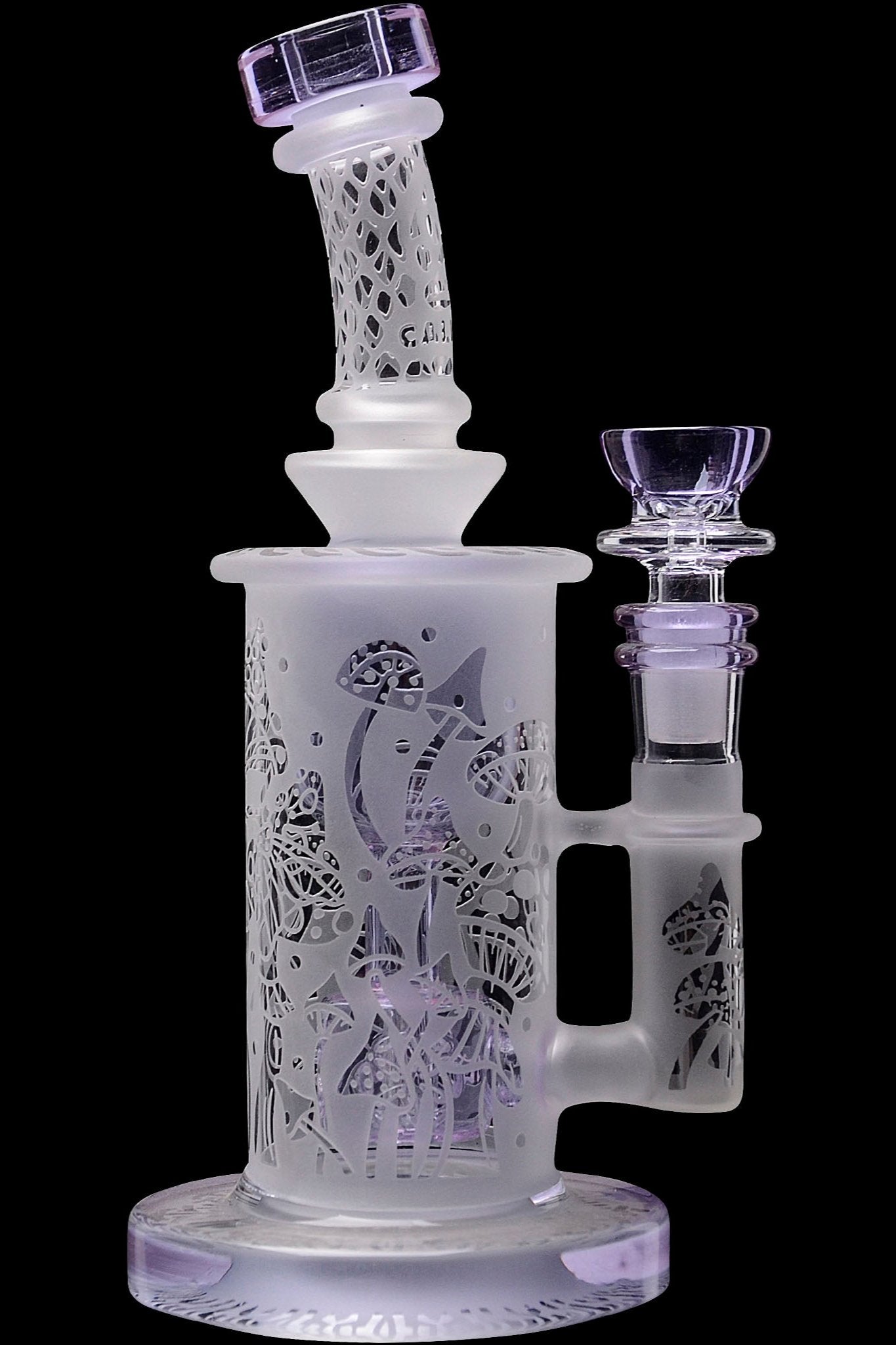 Frosted glass water pipe with intricate mushroom designs and purple accents.