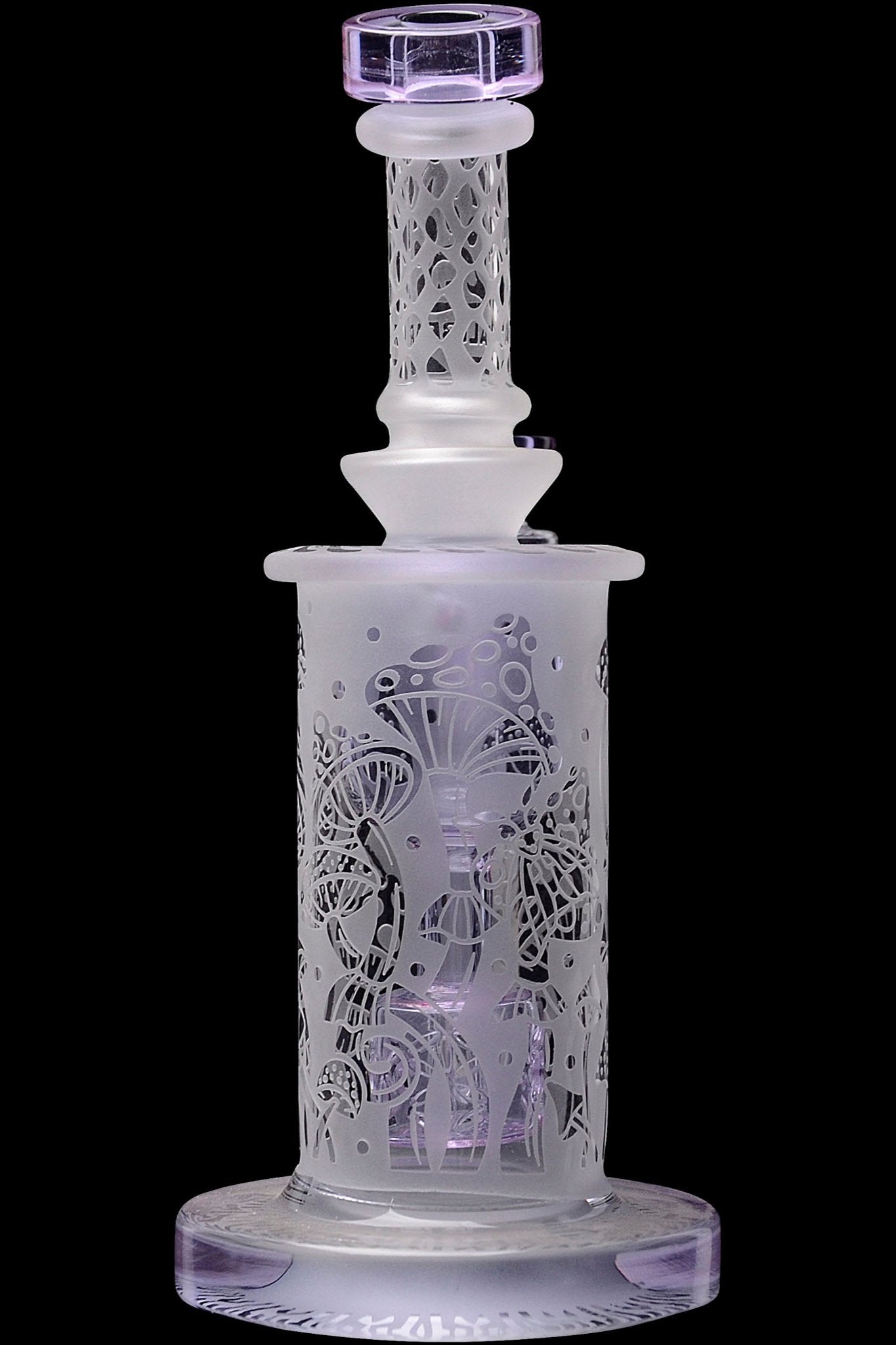 Frosted glass water pipe with intricate psychedelic design.
