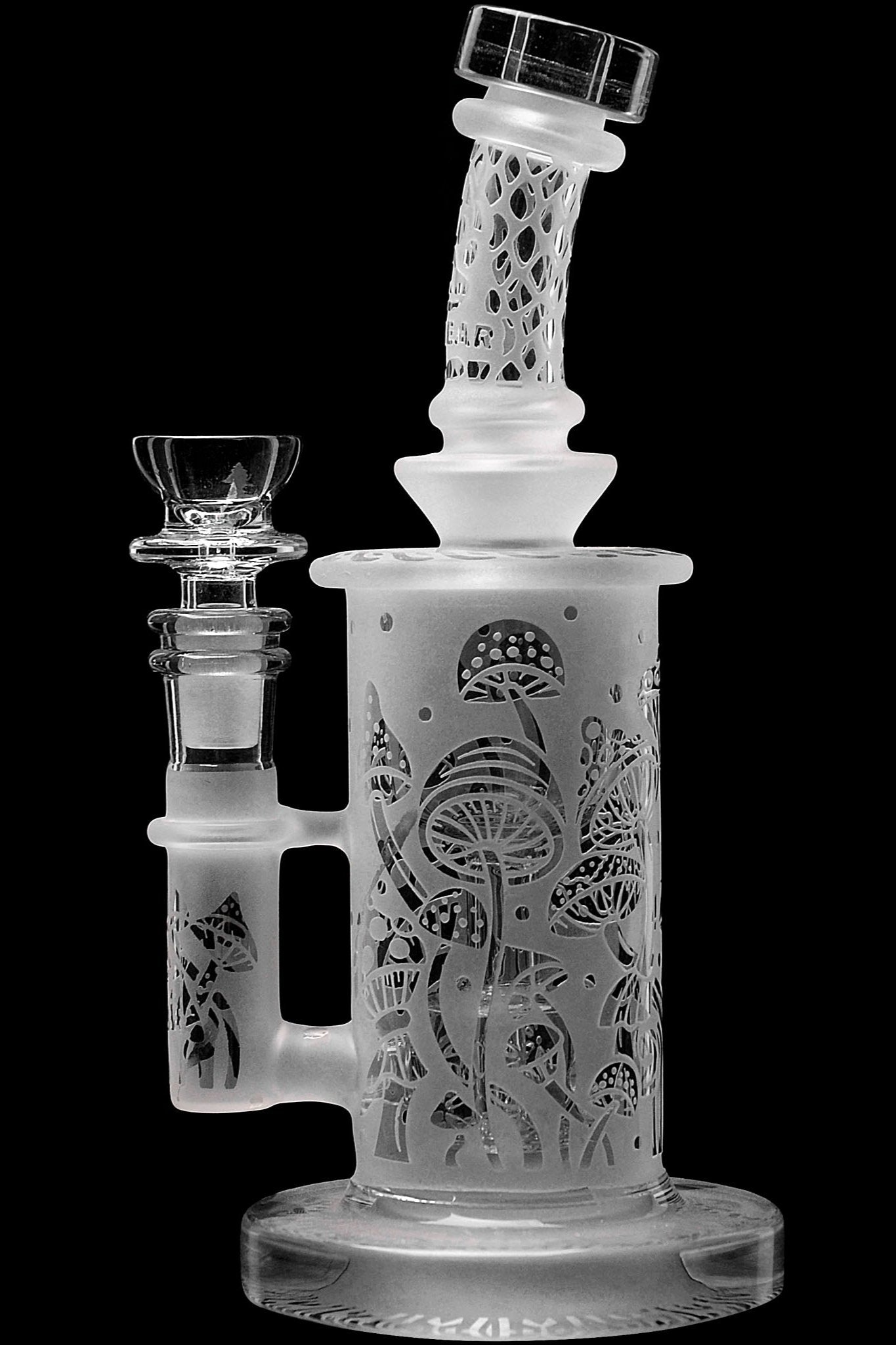 Frosted glass water pipe with intricate mushroom designs.