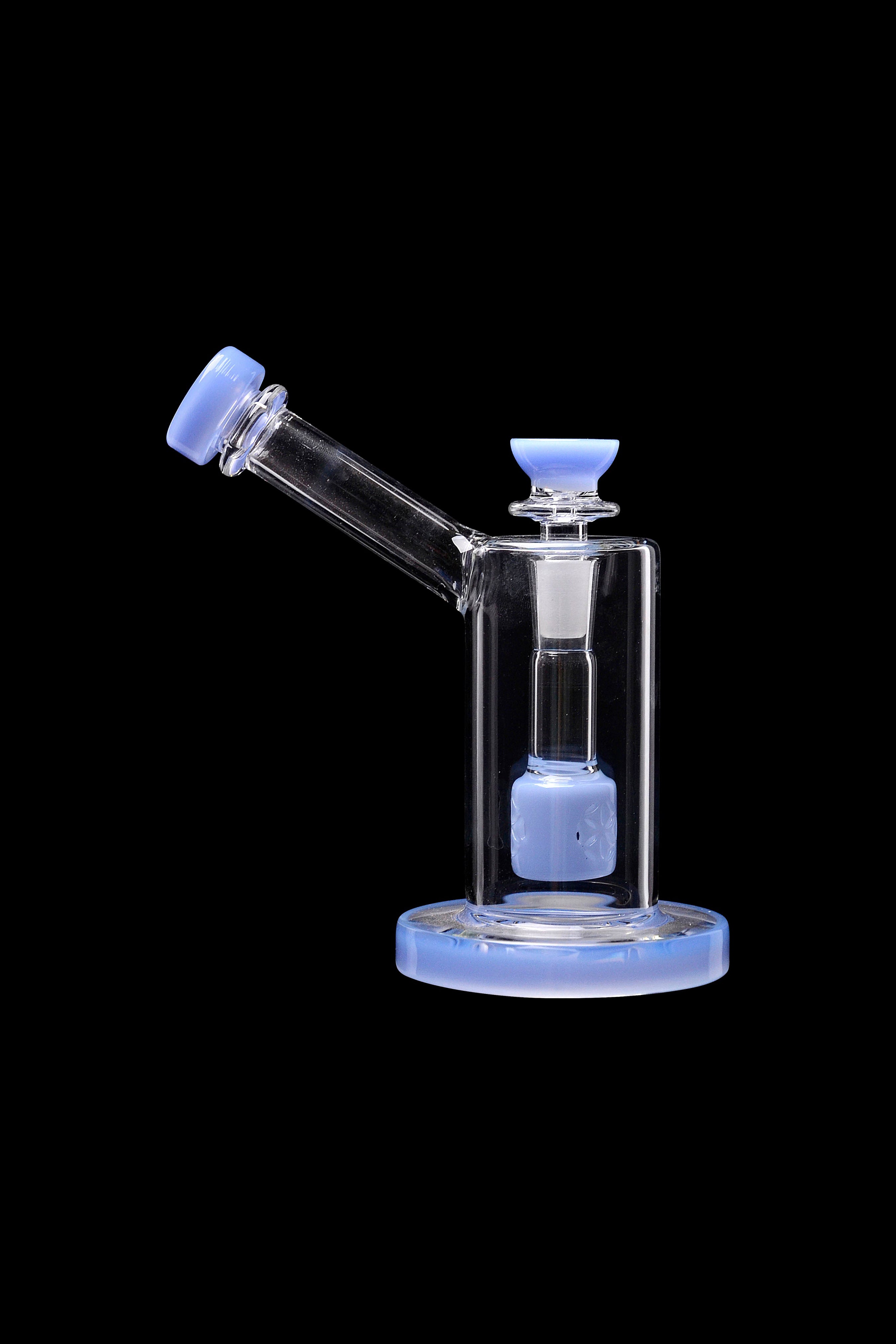 Blue glass water pipe (rig) with percolator, isolated on black.