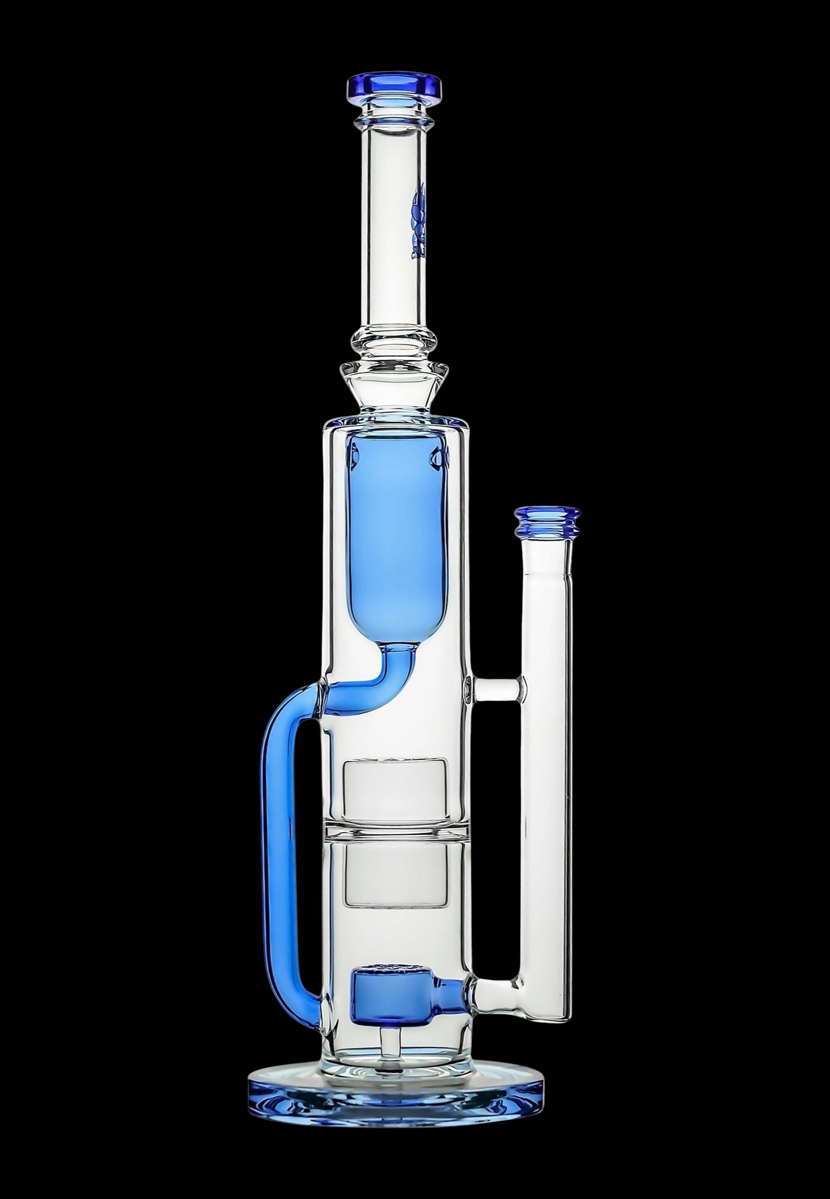 Blue and clear glass water pipe (rig) with multiple chambers and percolators.