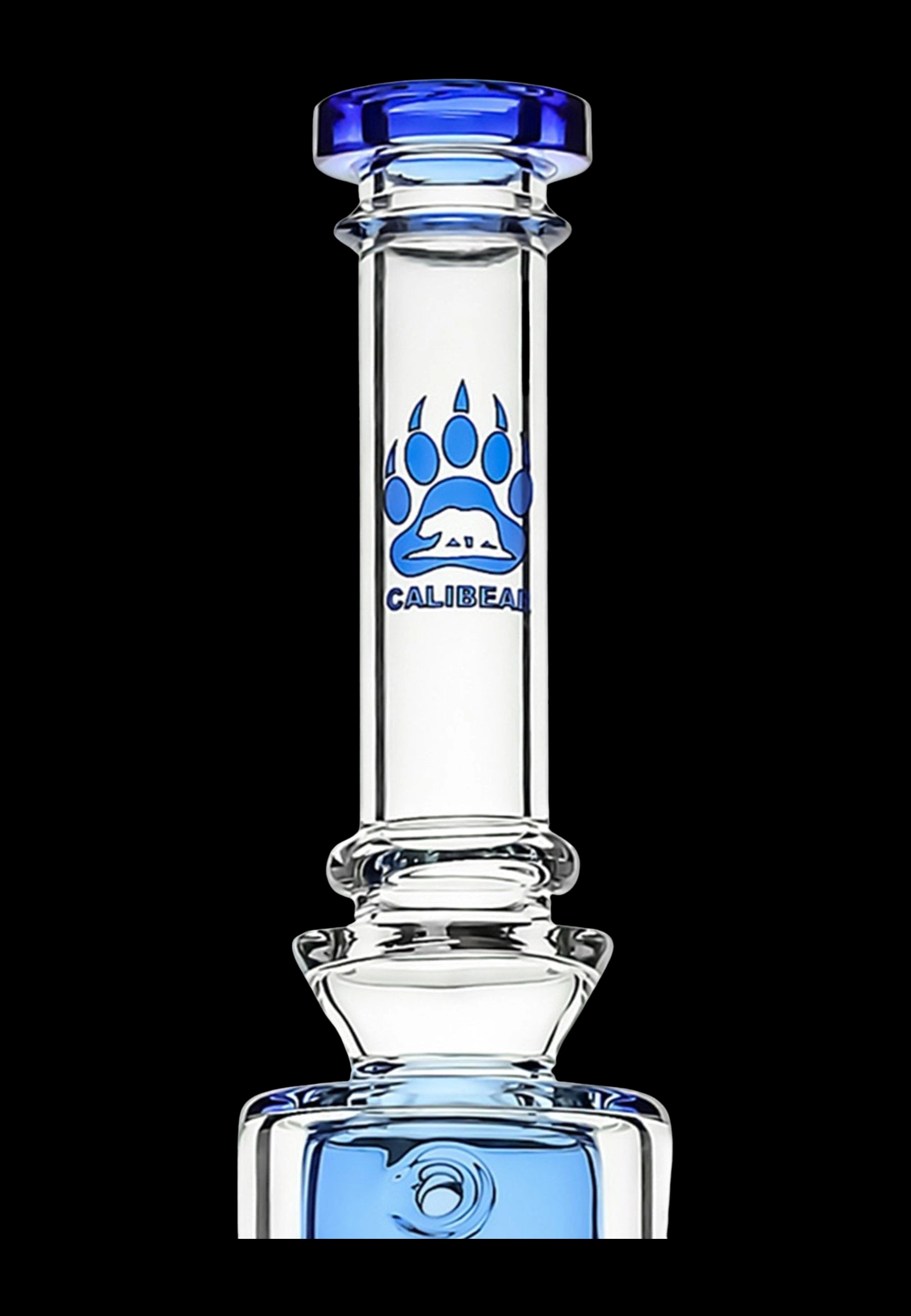 Clear glass water pipe (bong) with blue accents and a bear logo.