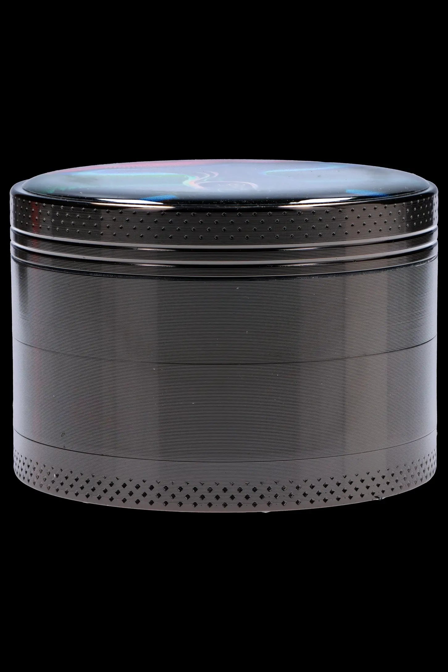 Black four-piece cannabis grinder with a galaxy-themed top.