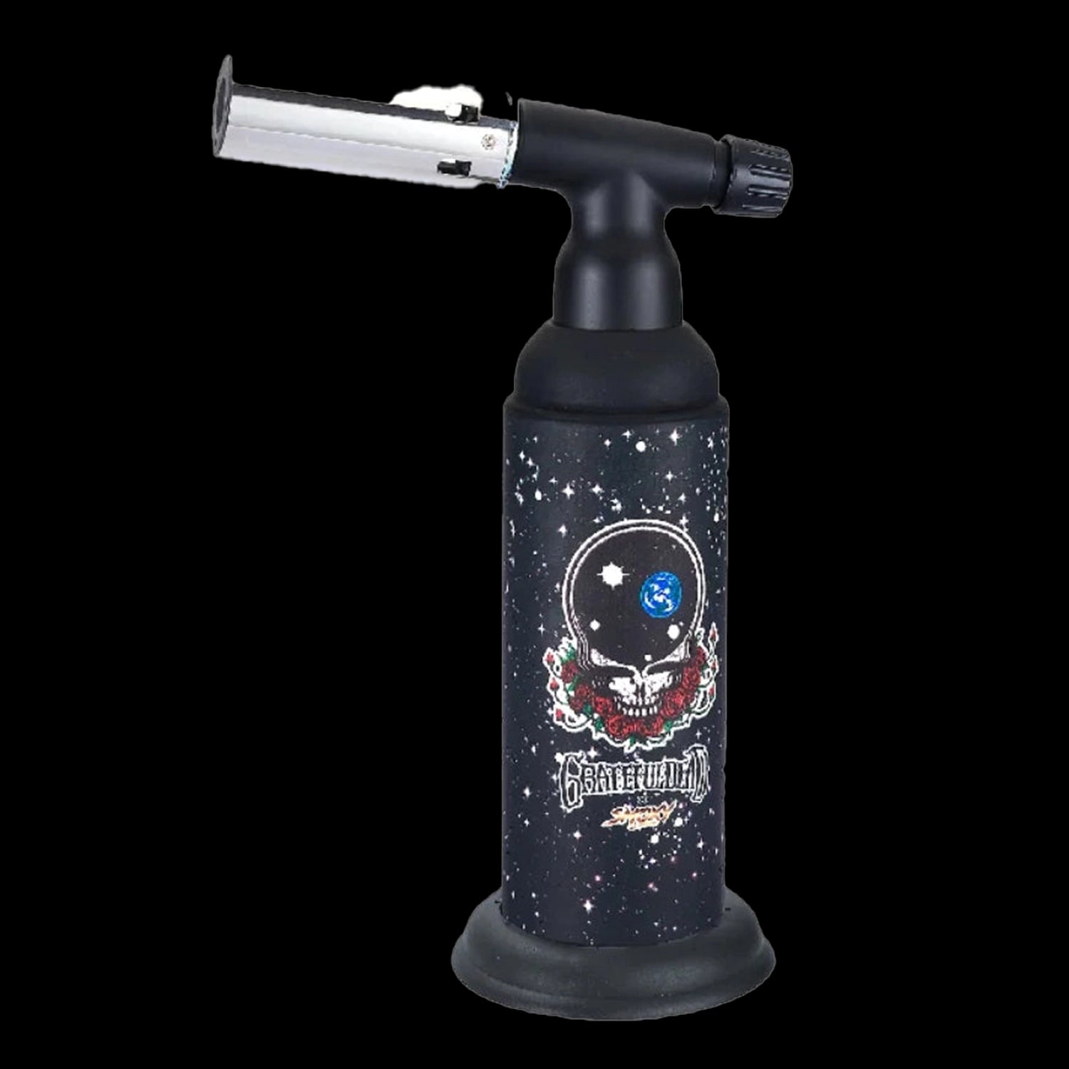 Close-up front view of the Grateful Dead Dragon Torch showing its black canister body with a starry skull-and-roses graphic and angled metal burner.