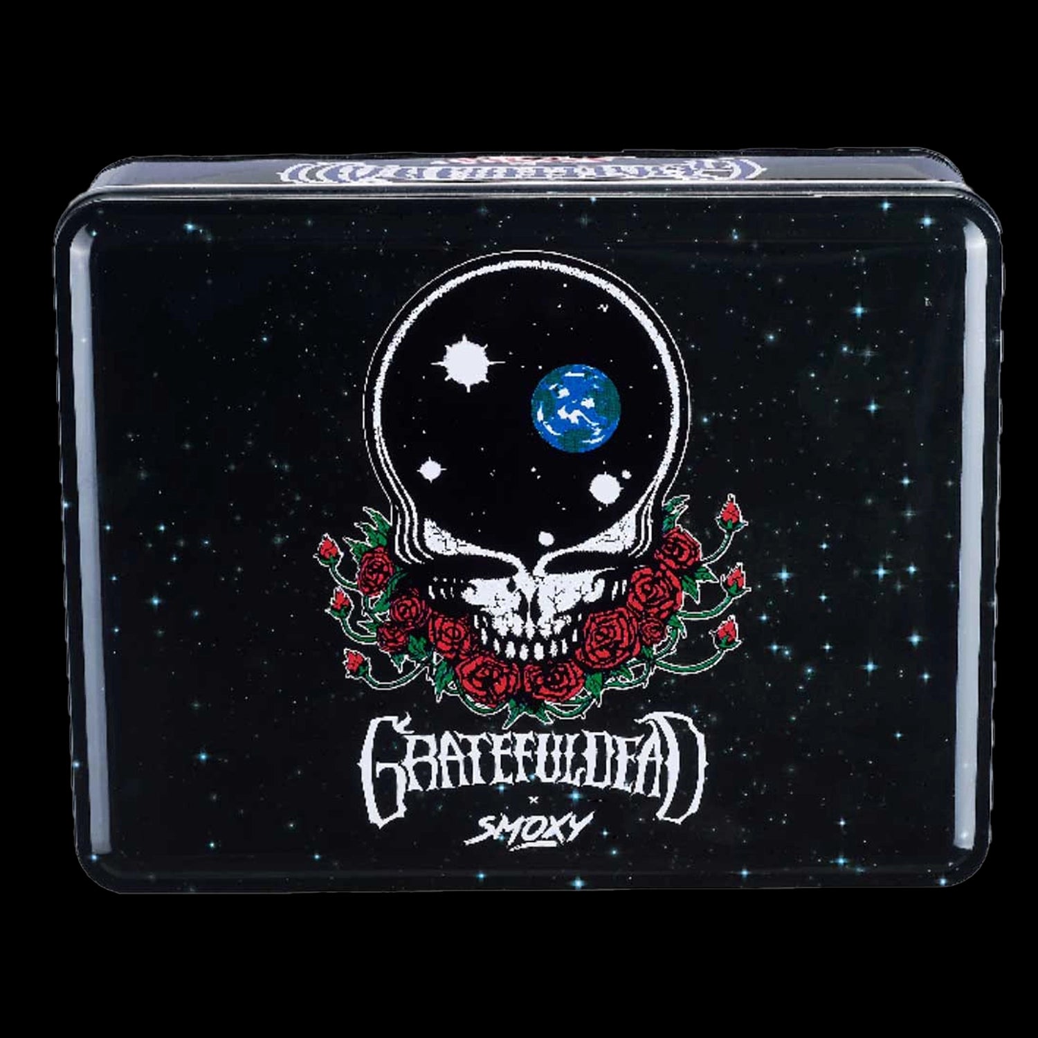 Top-down view of a black starfield tin featuring the Grateful Dead Dragon Torch skull motif with roses and a small Earth illustration, Grateful Dead Dragon Torch