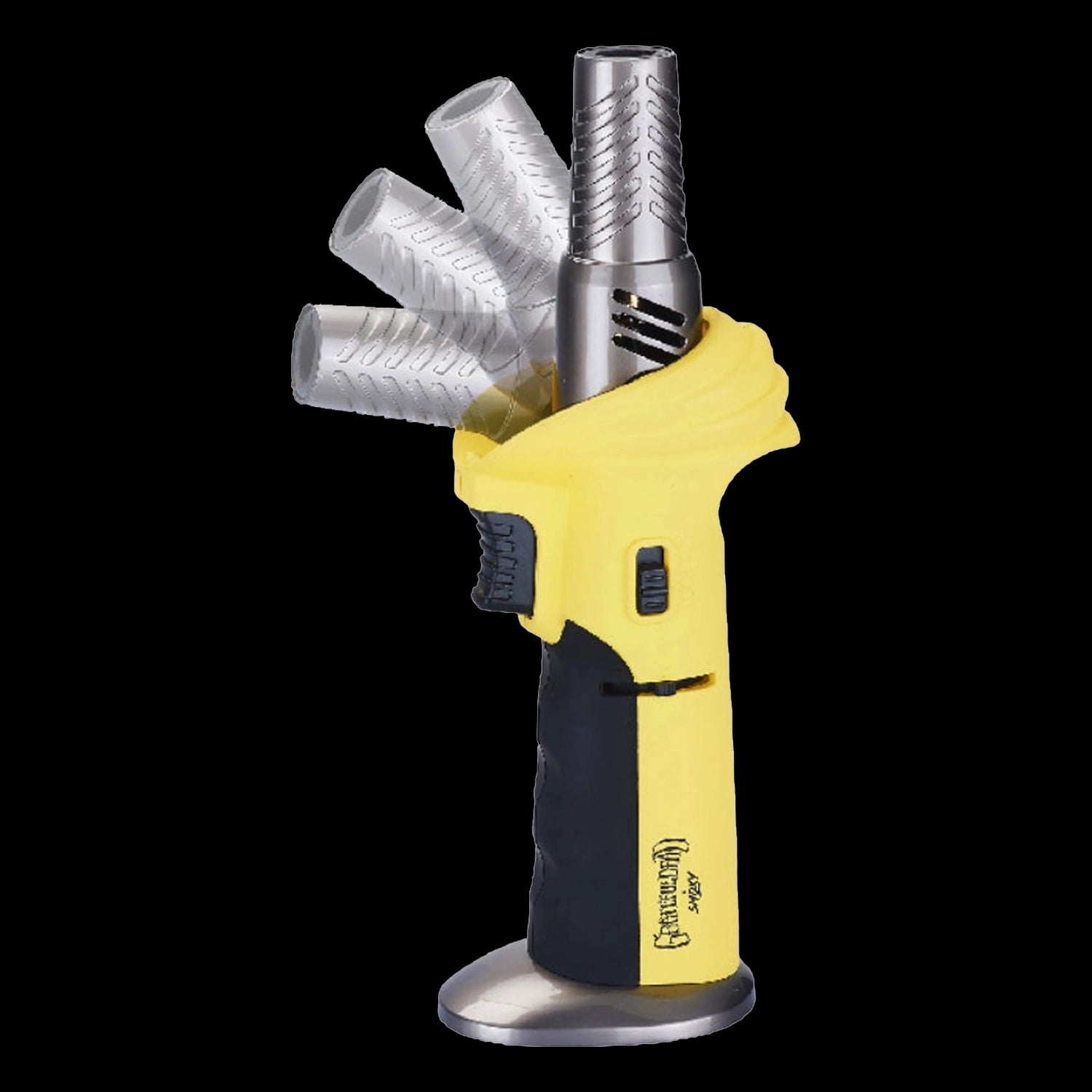Angled close-up of the yellow Grateful Dead Alternator Torch showing its rotating stainless steel nozzle and black grip against a black background