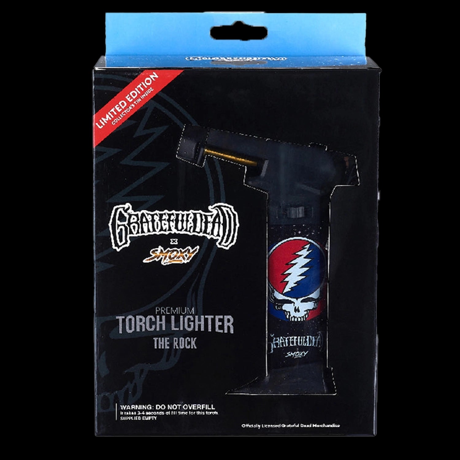 Front view of the boxed Grateful Dead The Rock Torch showing the torch lighter through a die-cut window and its skull/bolt graphics.