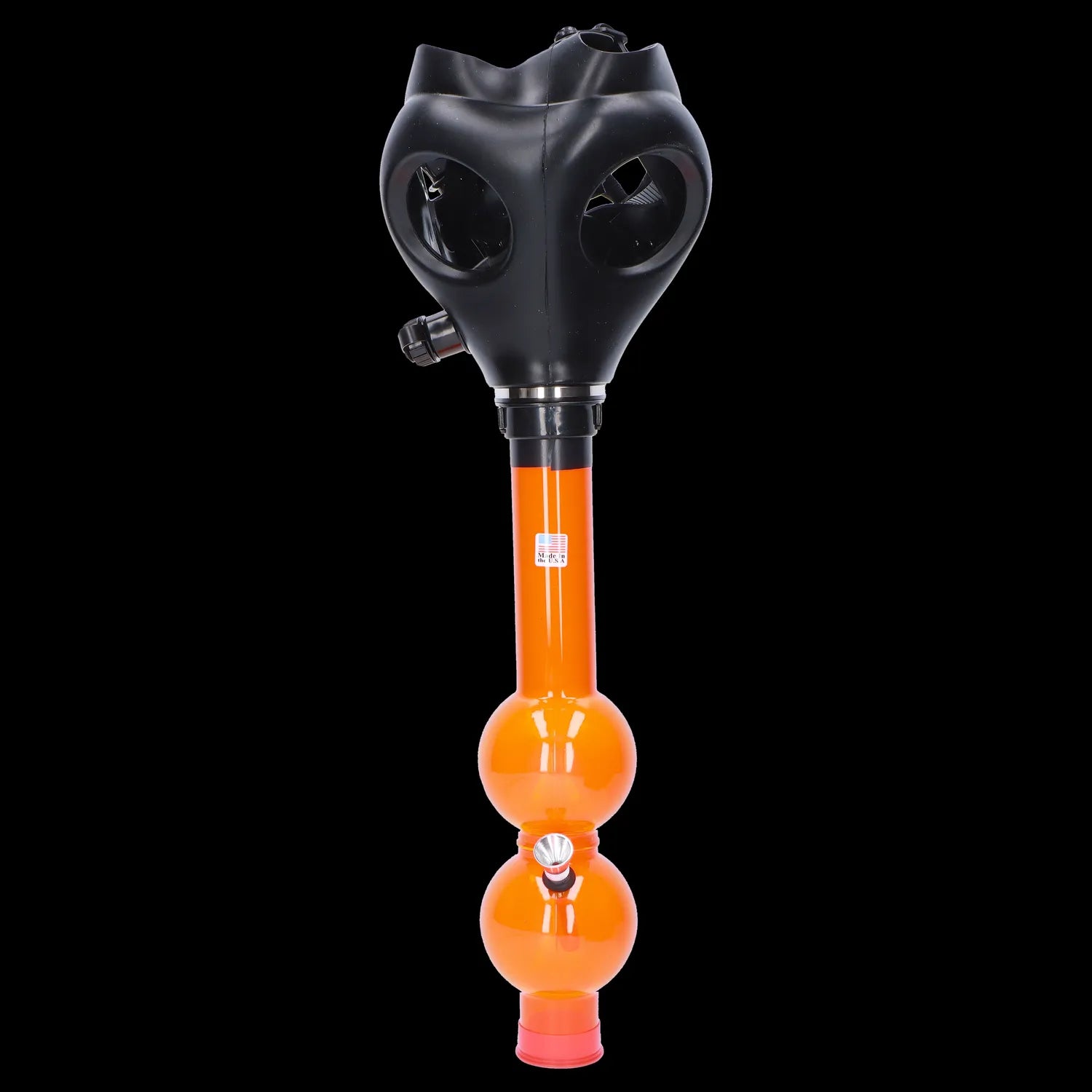 Front view of the JM Plastics Black Gas Mask with Bright Acrylic Water Pipe, showcasing its dark mask and colorful, transparent water pipe attachment.