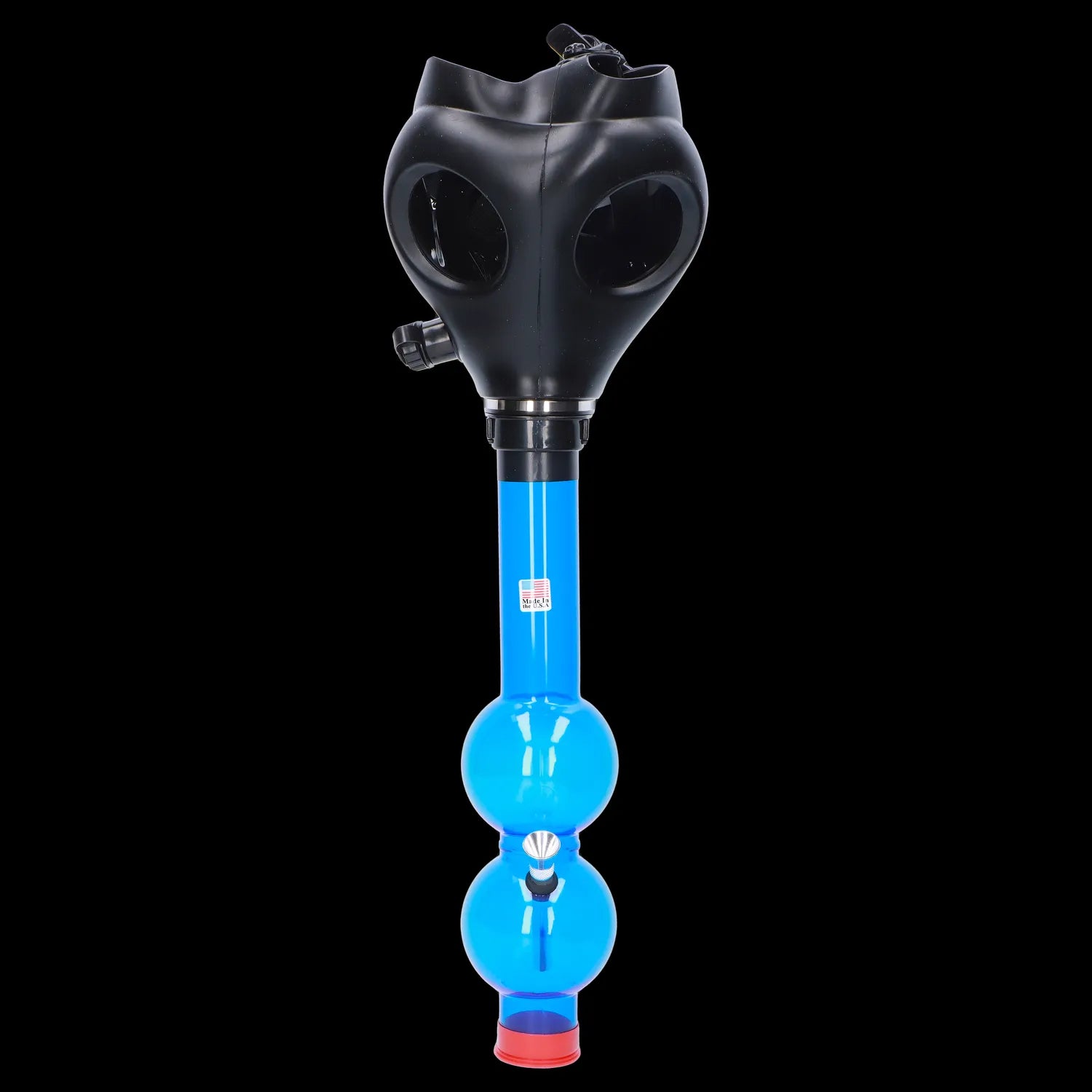 Front view of the JM Plastics Black Gas Mask with Bright Acrylic Water Pipe, showing a dark mask connected to a colorful acrylic tube.