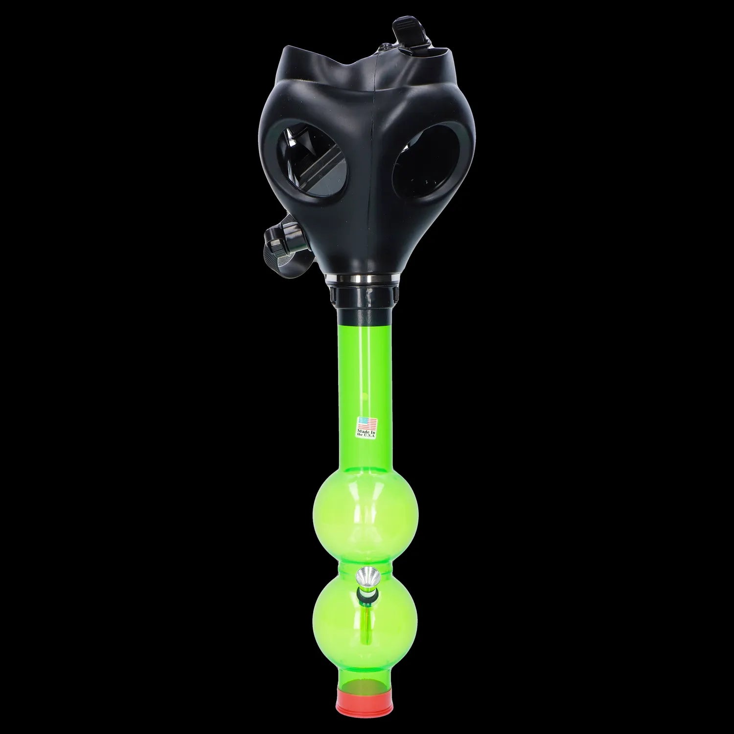 A studio shot of the JM Plastics Black Gas Mask with Bright Acrylic Water Pipe, angled to showcase its unique design.