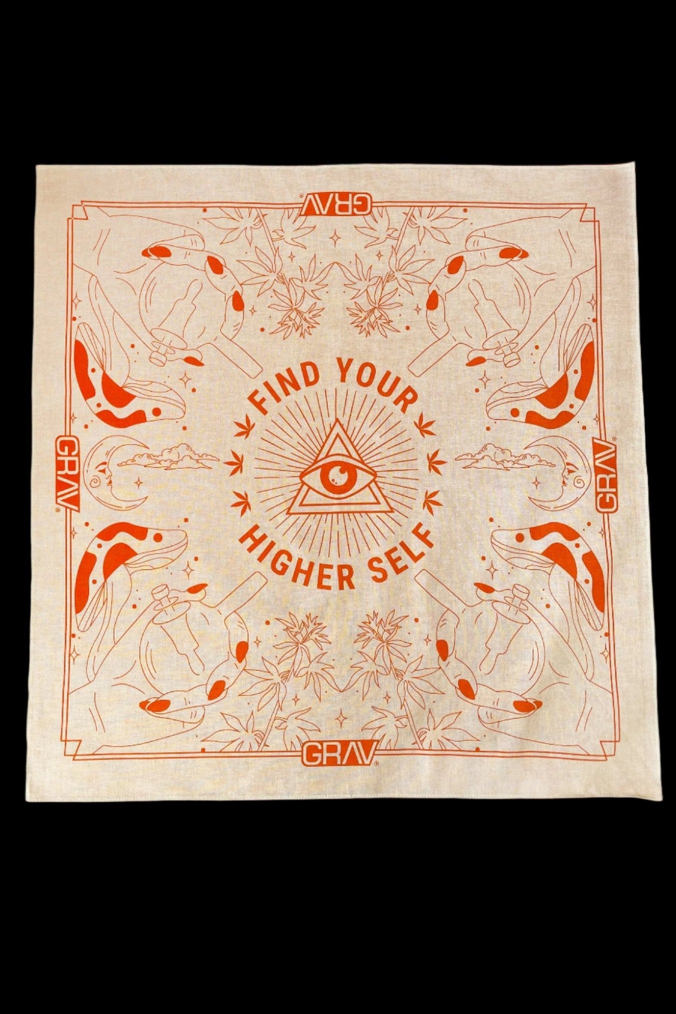 Beige bandana with a repeating orange pattern of eyes, cannabis leaves, and mushrooms surrounding a central design reading "FIND YOUR HIGHER SELF" and the brand "GRAV."