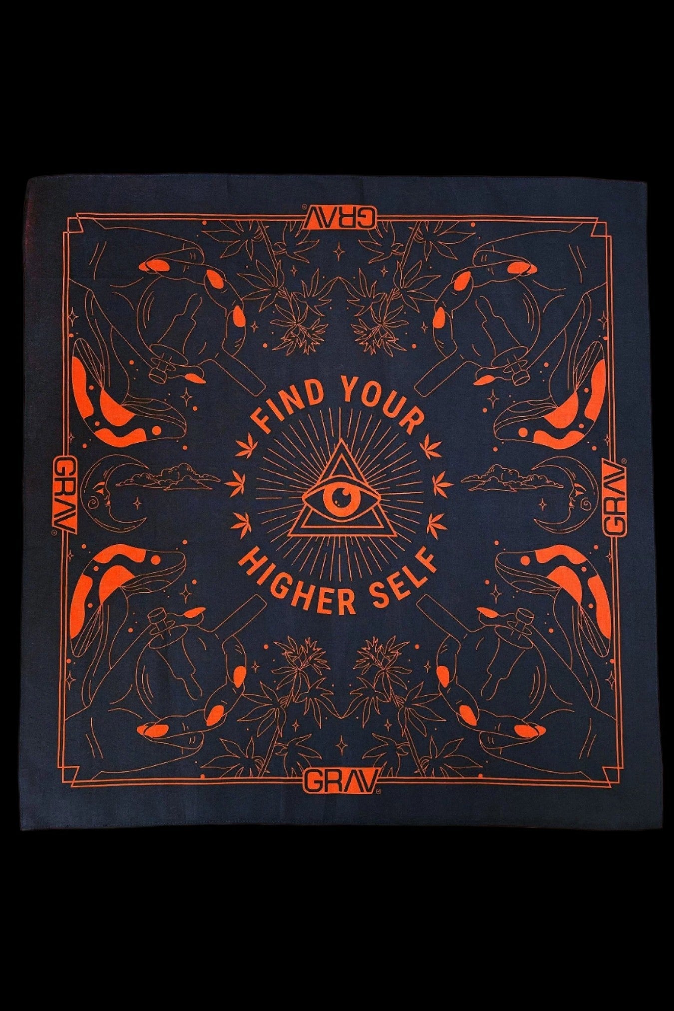 A black bandana with a vibrant orange and yellow design featuring an eye within a circular frame surrounded by cannabis leaves, mushrooms, and the text "Find Your Higher Self" and "GRAV" branding.