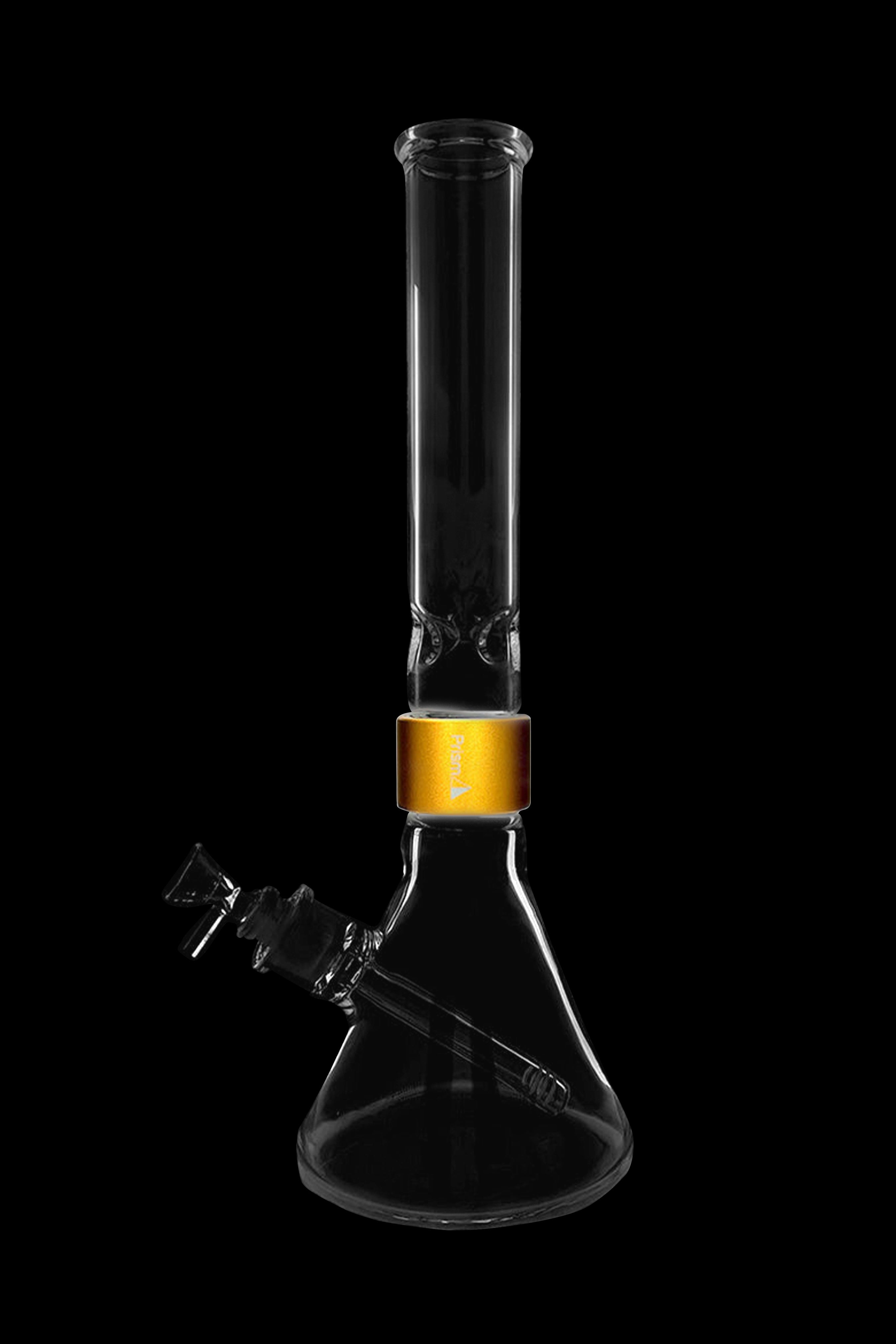 Clear glass bong with ice catcher and golden accent band, isolated on black.