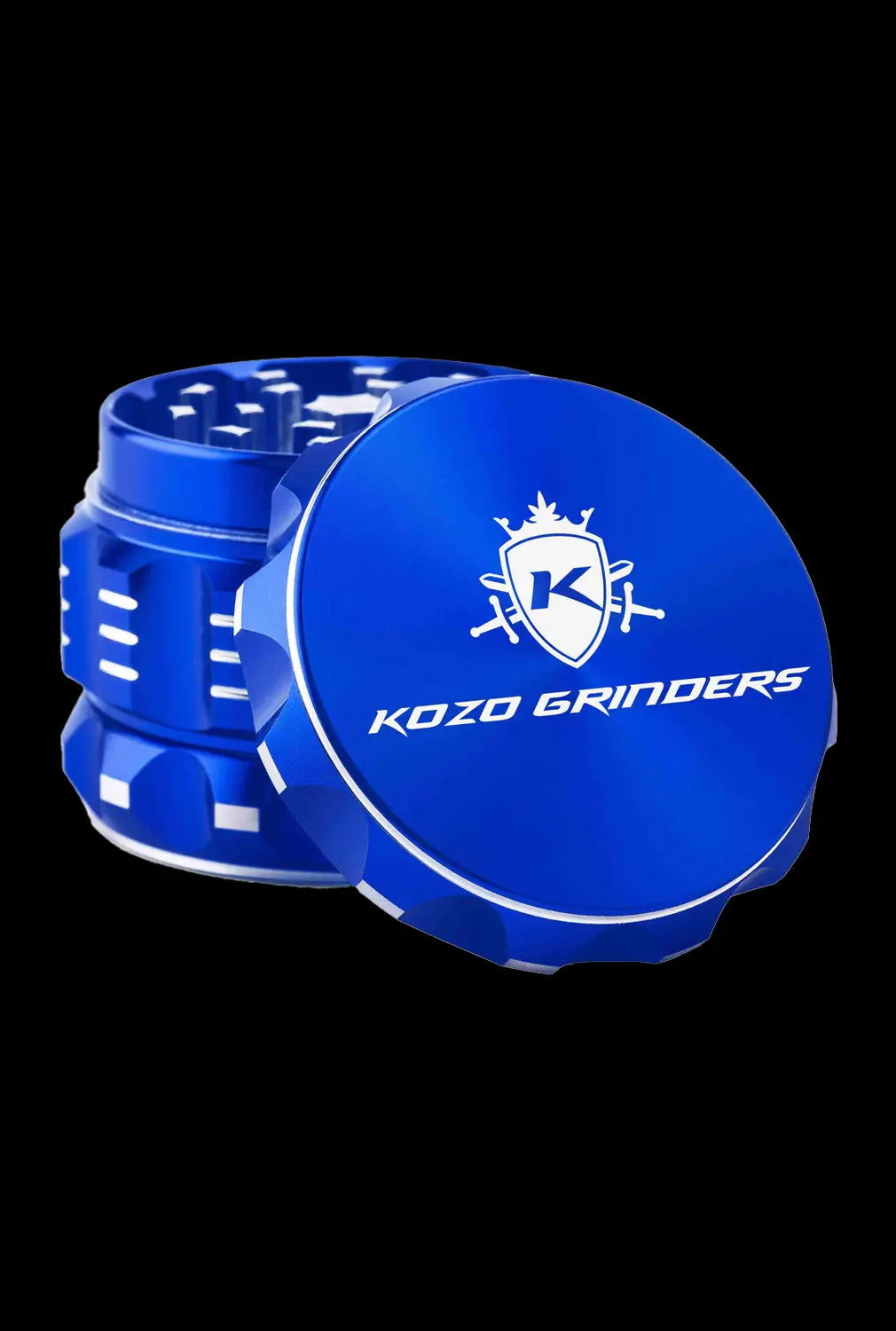 Front view of the Kozo Grinder 2| a blue metal grinder with a textured, multi-tiered design.