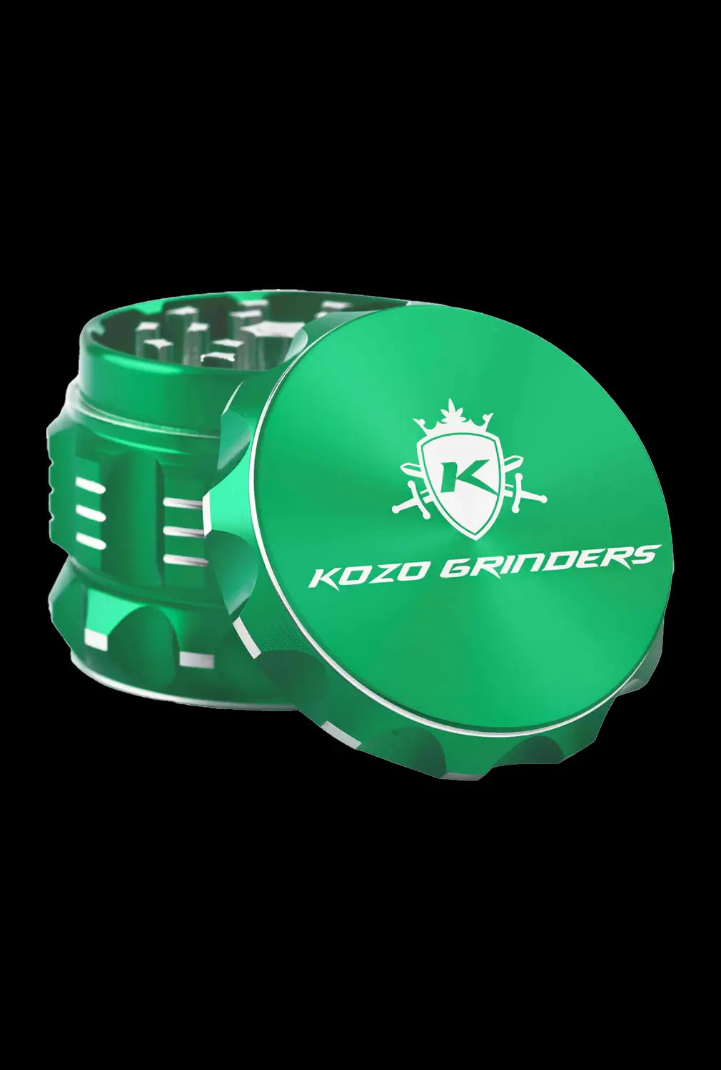 A close-up of the Kozo Grinder 2| showcasing its metallic green finish and textured, multi-tiered design.