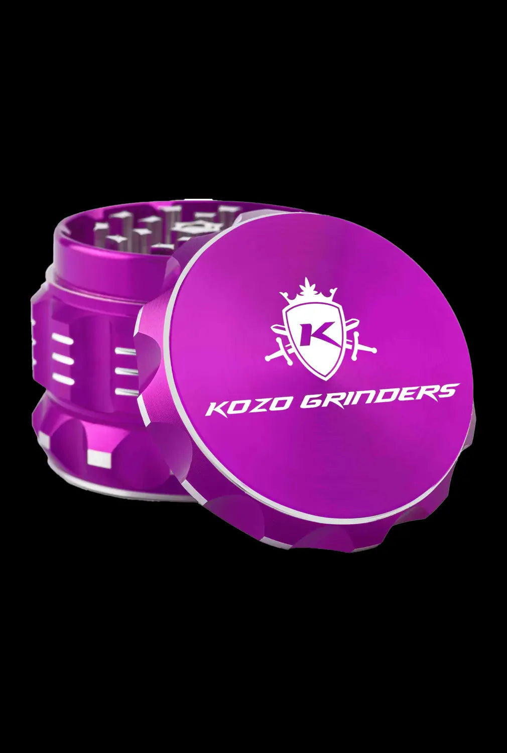 Front view of the Kozo Grinder 2| a sleek, purple metal grinder with a distinctive hexagonal design.