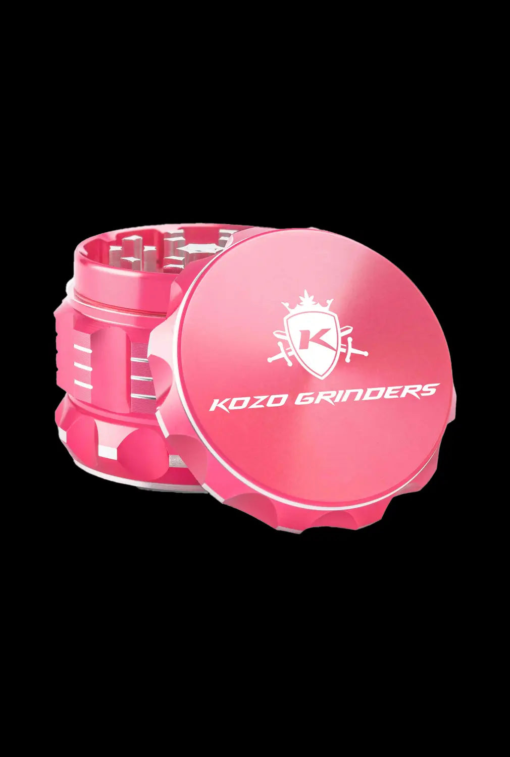 A close-up, angled view of the Kozo Grinder 2| showcasing its metallic silver finish and circular design.