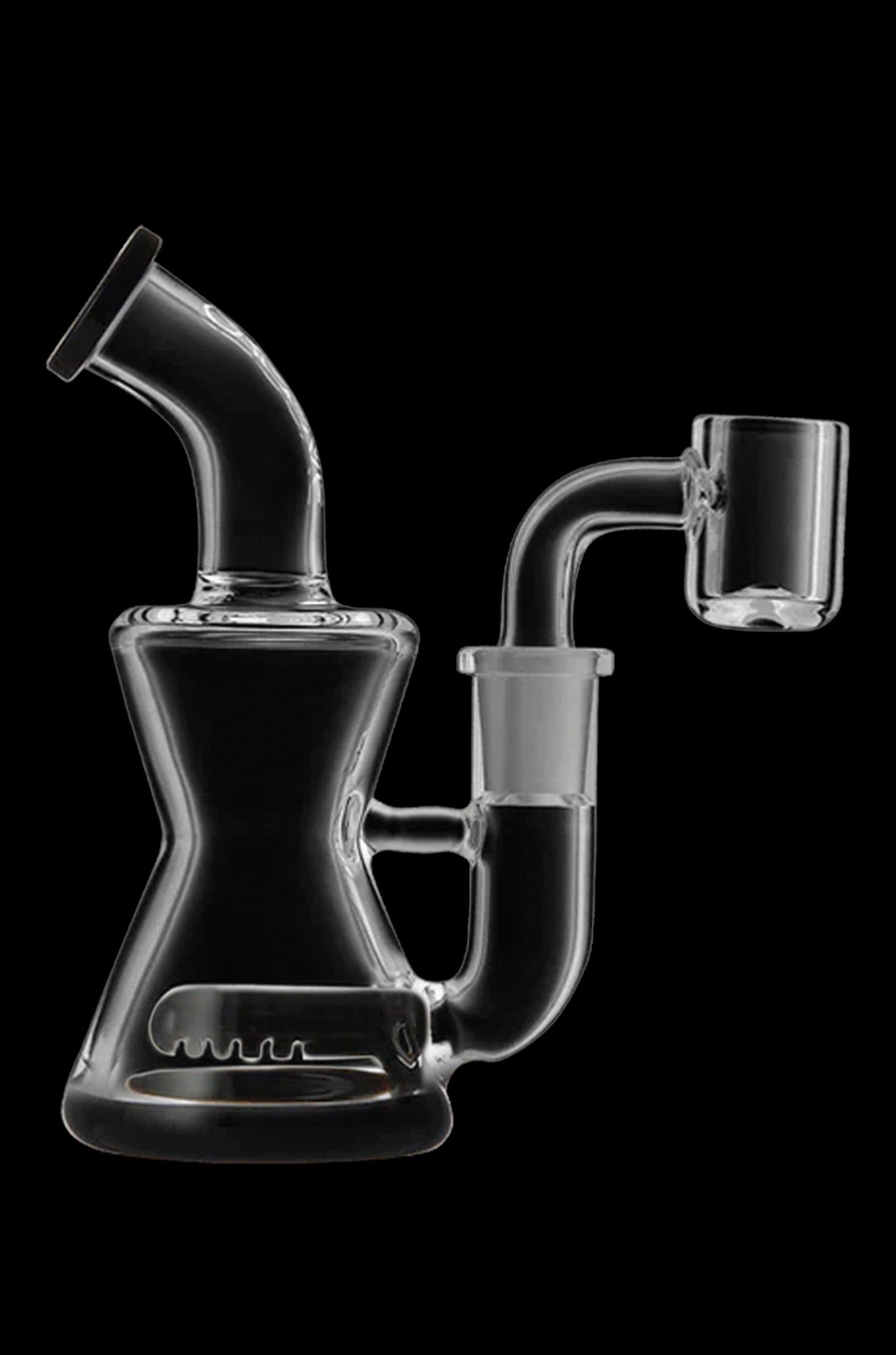 Clear glass dab rig with quartz banger, isolated on black.