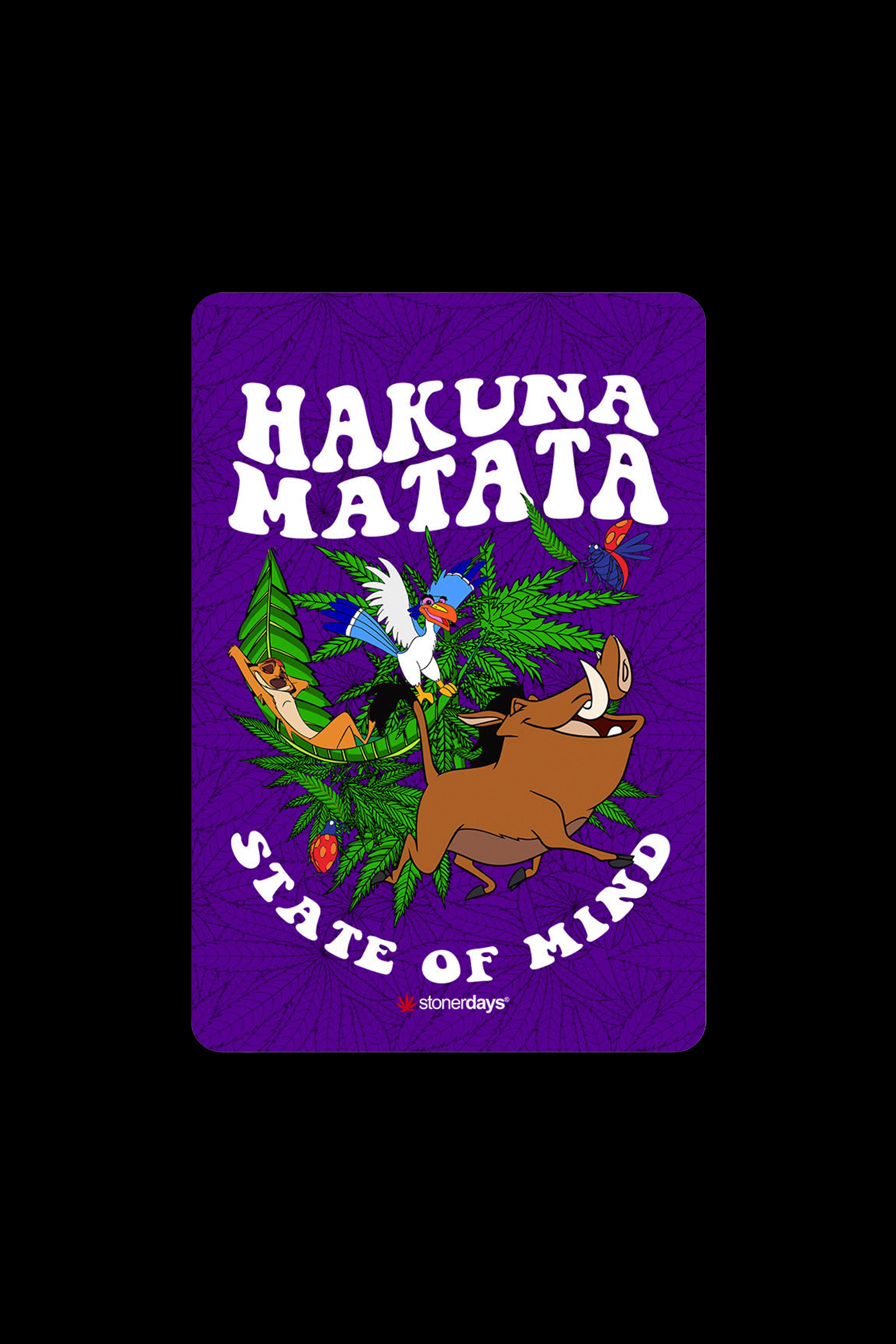 Purple rolling tray featuring Timon and Pumbaa from "The Lion King" surrounded by cannabis leaves, with the text "Hakuna Matata State of Mind" and a "stonerdays" logo.