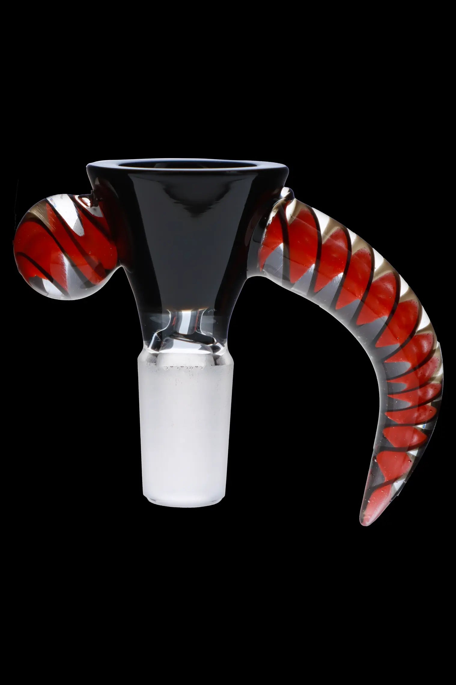 Glass cannabis bowl with red and black striped design.