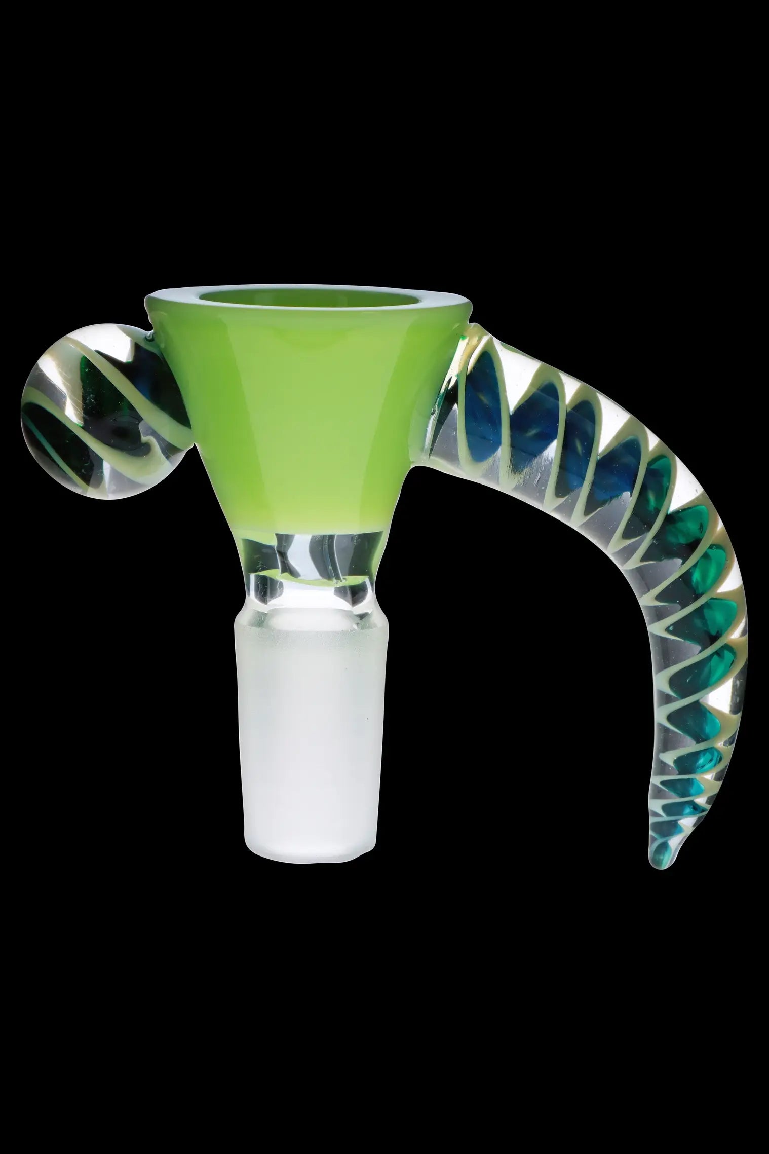 Green glass cannabis bowl with iridescent blue and green swirls.