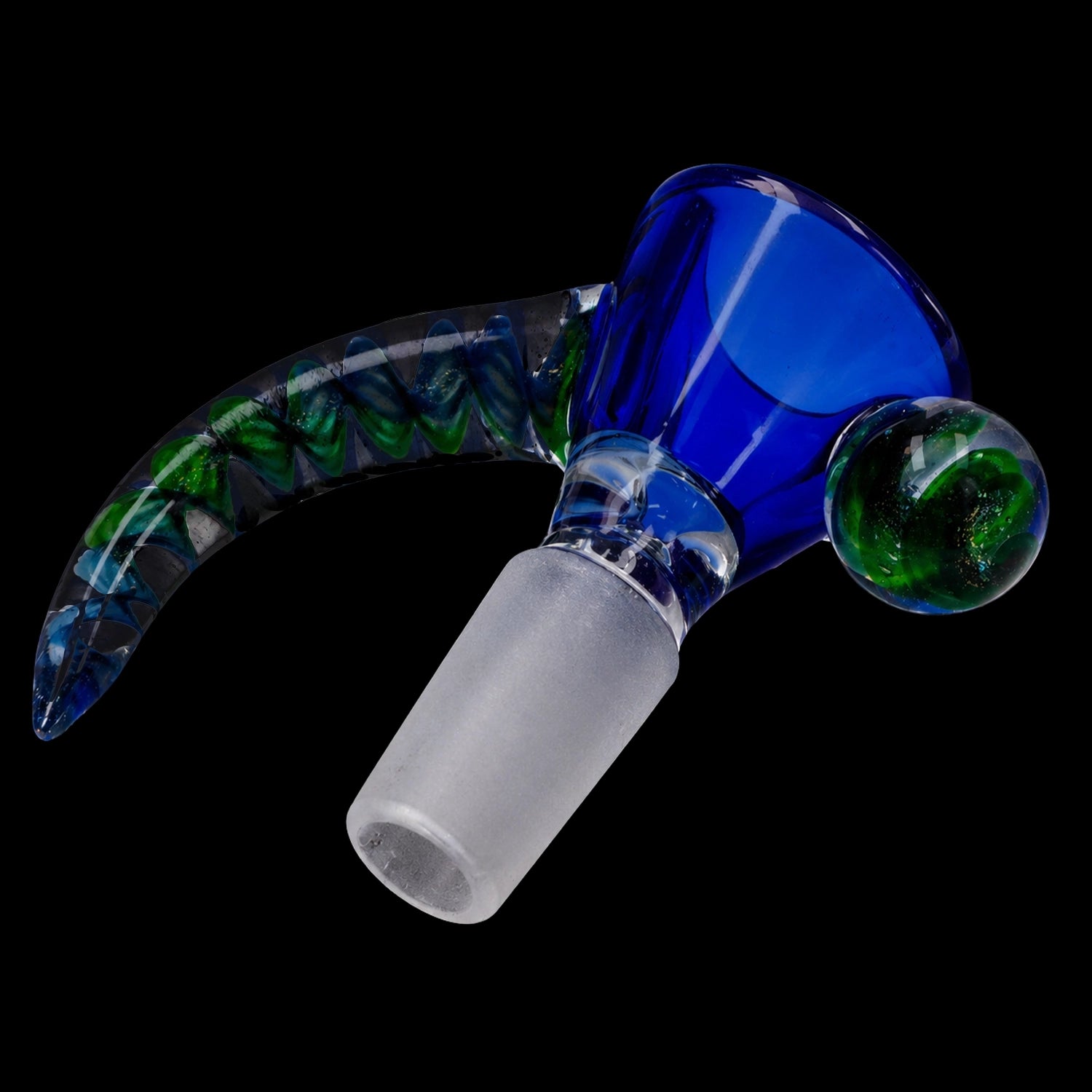 Angled close-up of the Smoke Cartel Horn Bowl - Jade Blue showing a deep blue glass cup, twisted translucent green-and-blue horn detail, and frosted joint against a black background