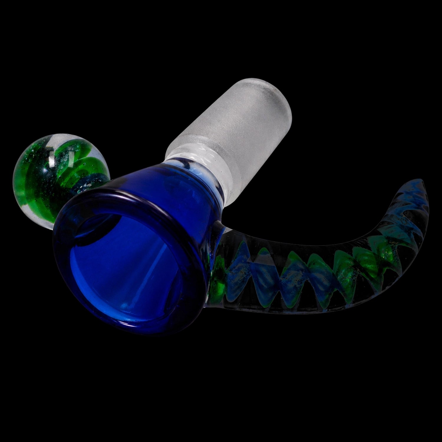 Angled close-up of a jade blue Smoke Cartel Horn Bowl - Jade Blue showing the cobalt-blue mouth, frosted joint, and green-swirled horn detail on a black background