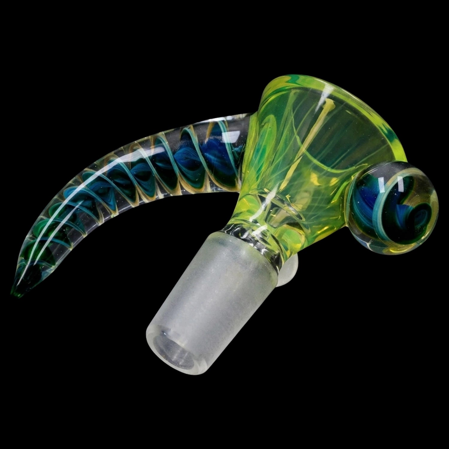 Close-up angled shot of the Smoke Cartel Horn Bowl - Light Green showing swirling green and blue glass details against a black background