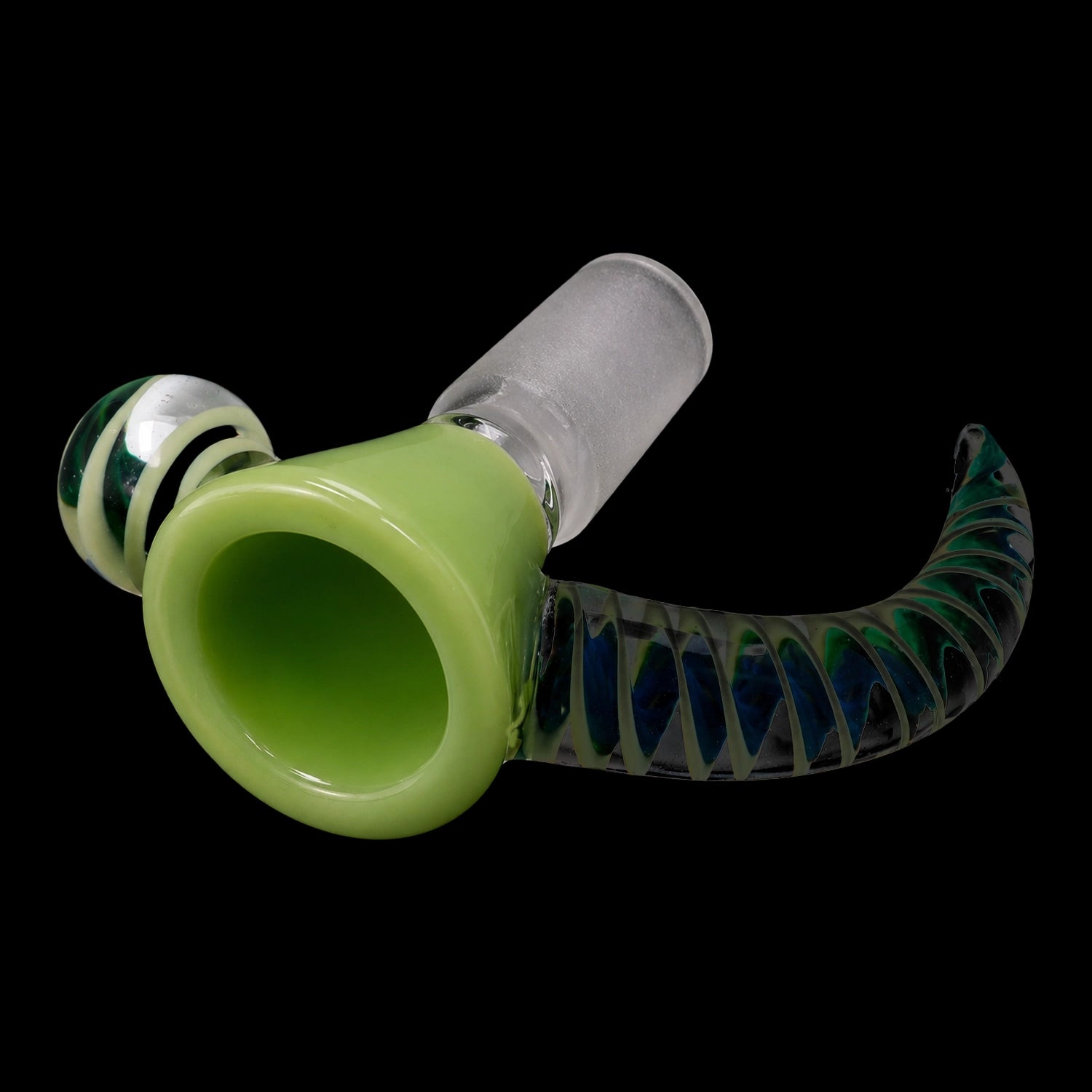 Close-up angled view of the Smoke Cartel Horn Bowl - Milky Green showing the lime-green mouth, spiral green glass horn, and frosted joint against a black background