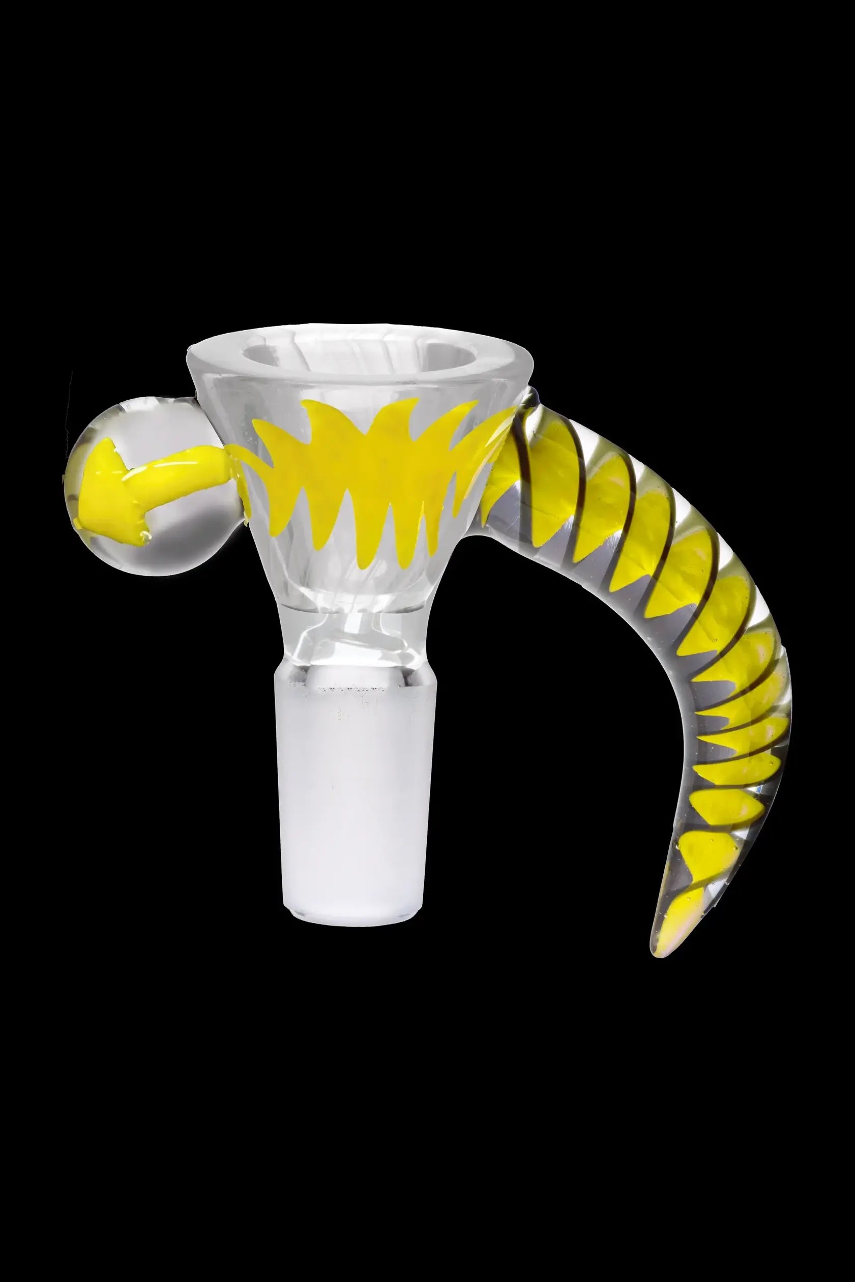 Glass cannabis bowl with yellow and clear swirl design.