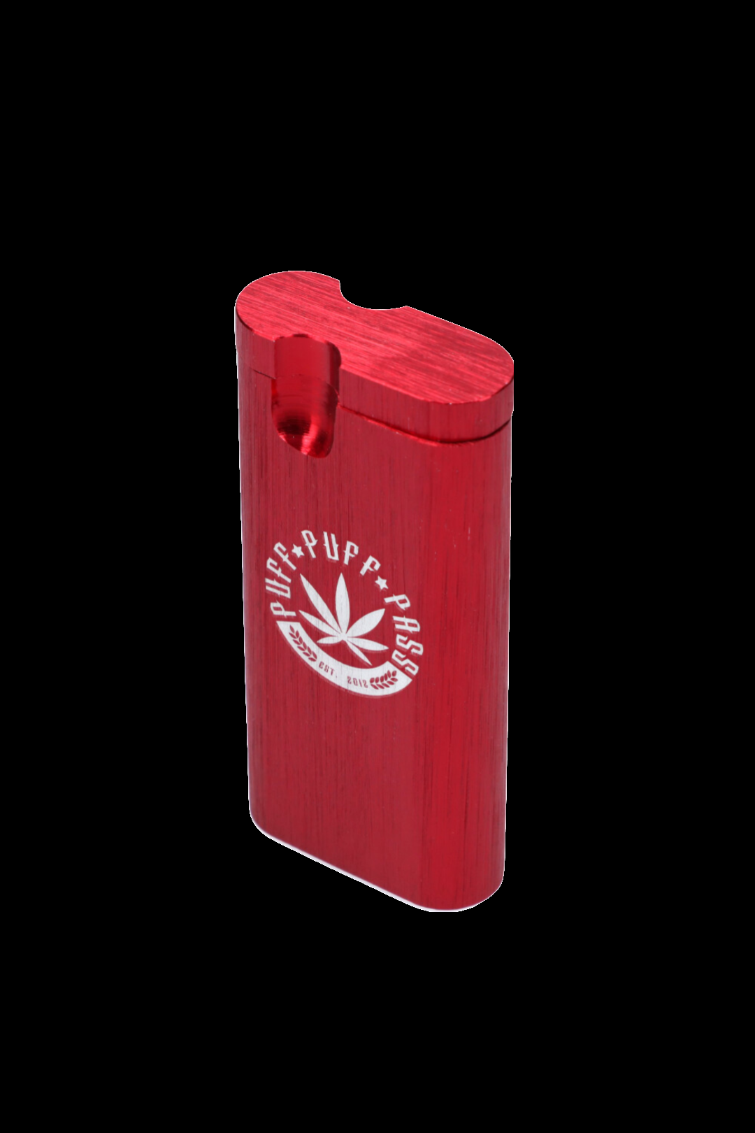 Red one-hitter pipe with a white “Puff, Puff, Pass” cannabis leaf design.