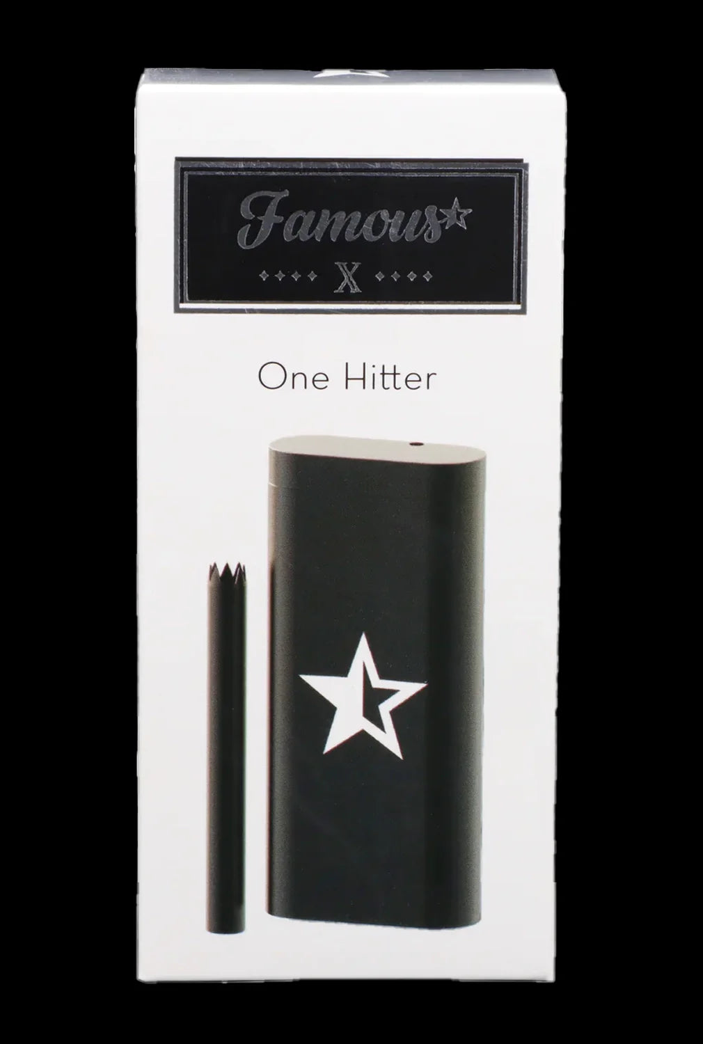 Black “Famous” brand one-hitter pipe in its packaging, featuring a white star logo.