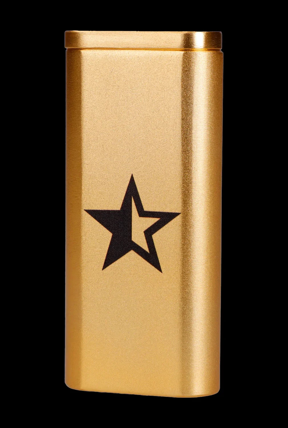 Gold cannabis container with a black star logo.
