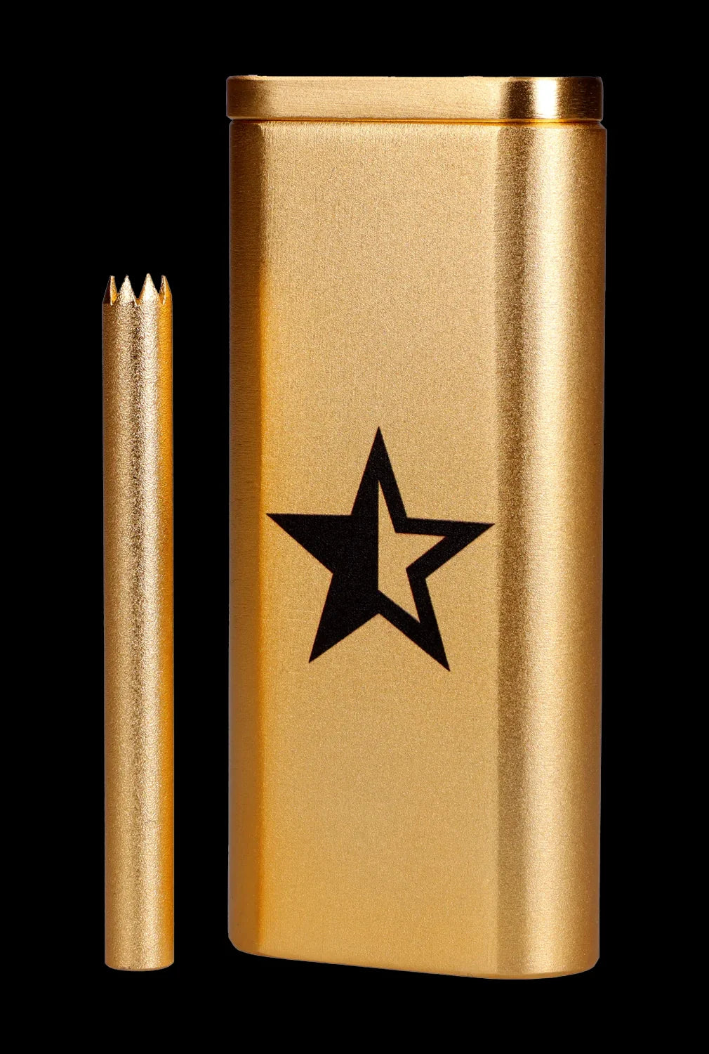 Gold cannabis one-hitter pipe with a star emblem and accompanying cleaning tool.