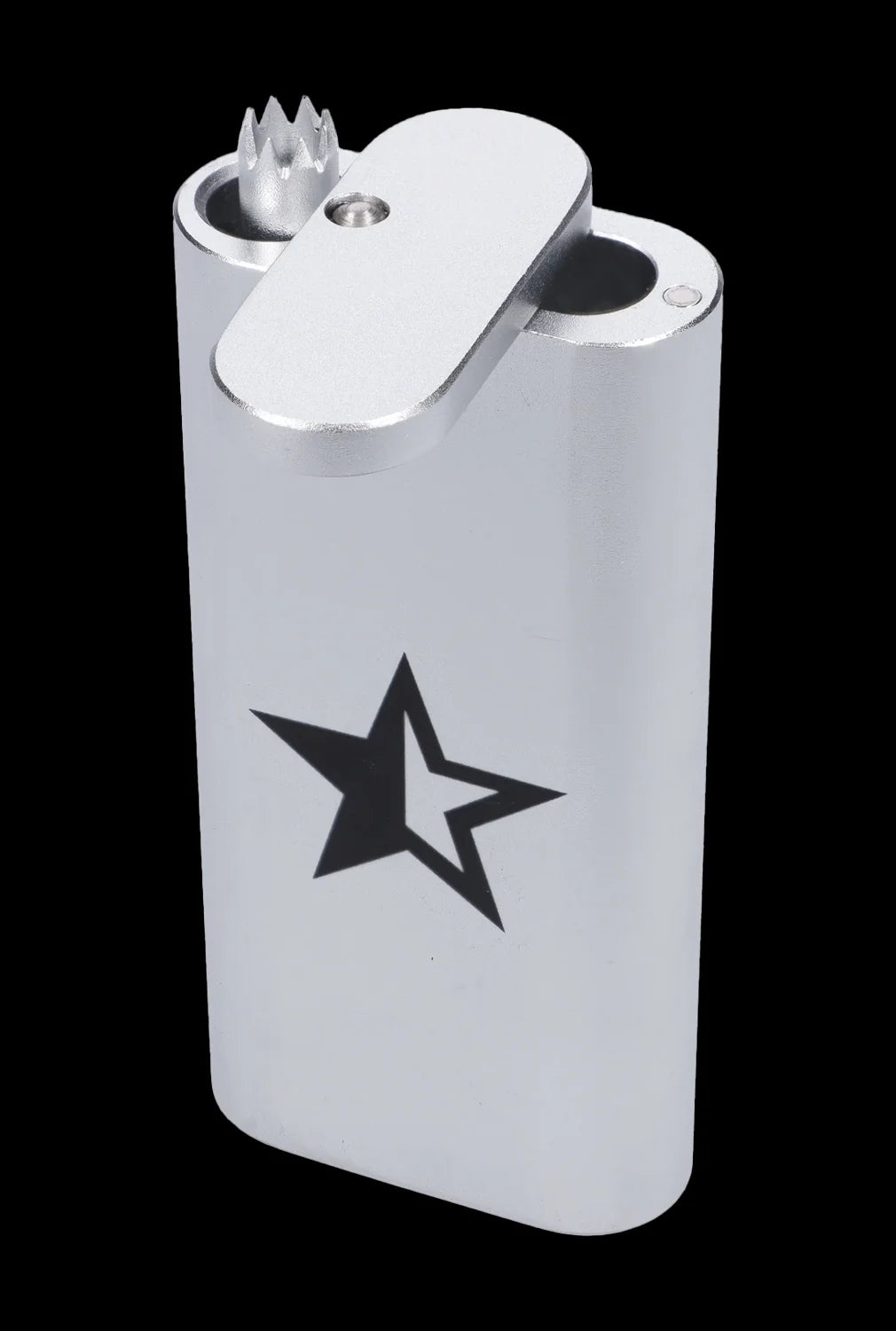 Silver lighter with a black star logo, likely used for cannabis consumption.