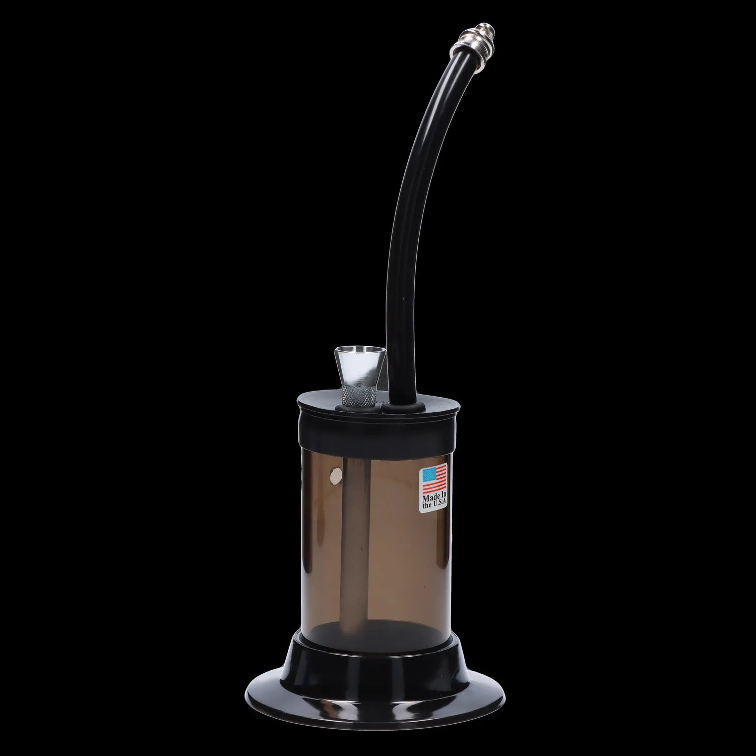 A front view of the JM Plastics Mini Hoser with Carb Hole acrylic water pipe, showcasing its clear construction and compact size.