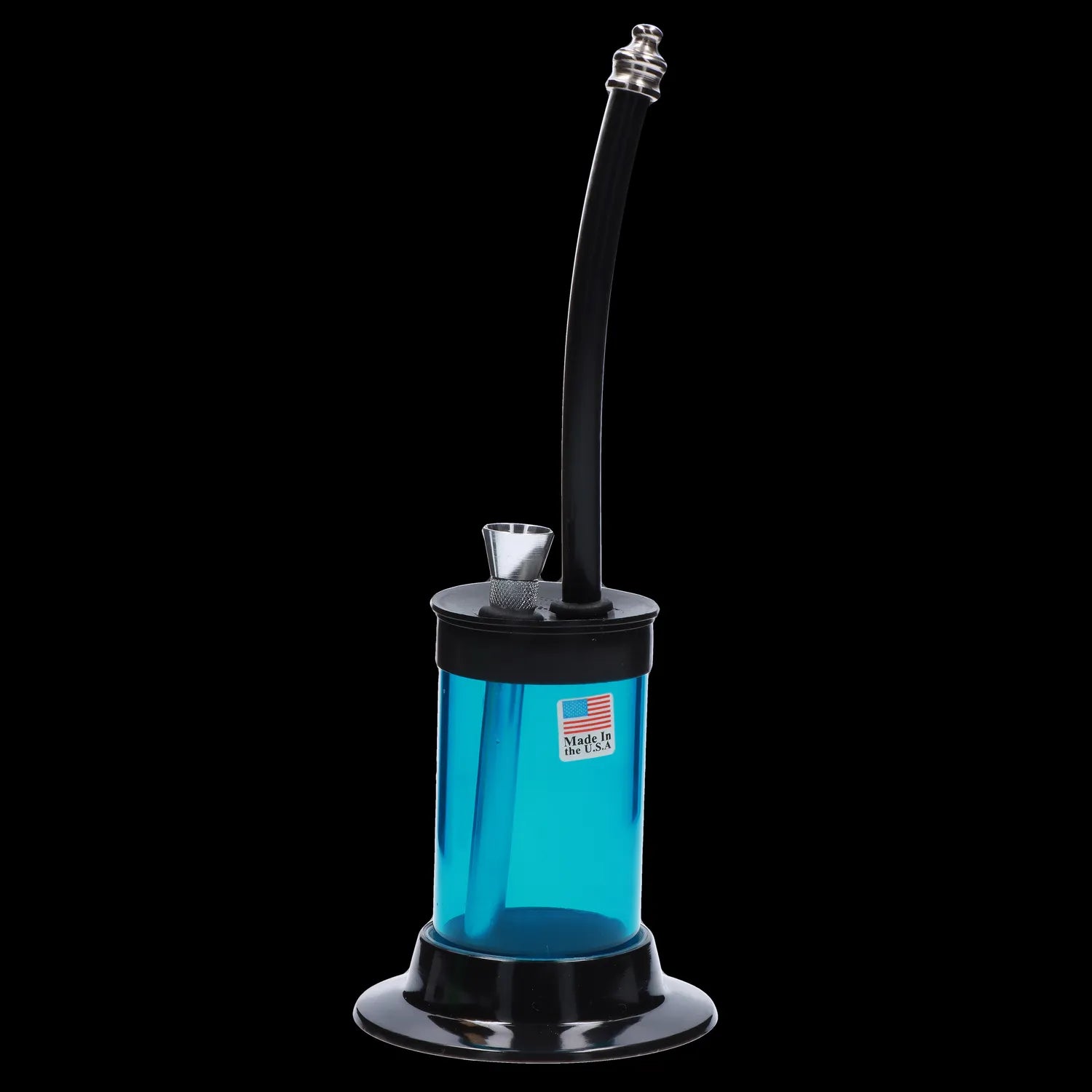 A front view of the JM Plastics Mini Hoser with Carb Hole acrylic water pipe, displaying its clear blue tube and black base.