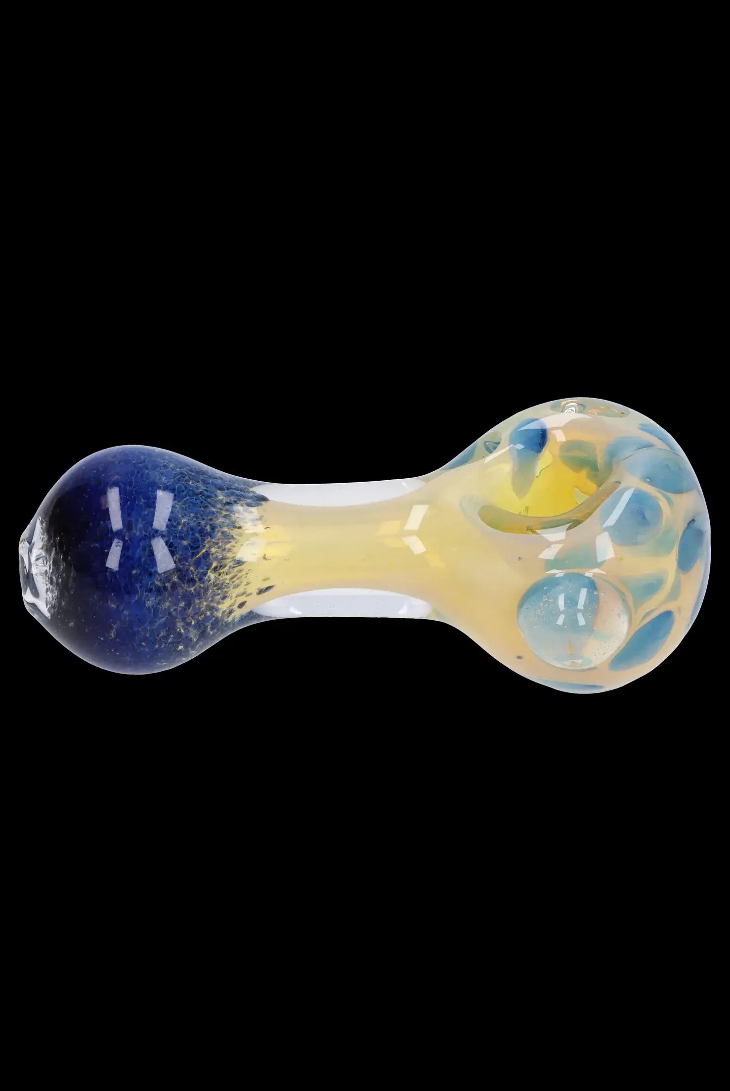 Blue and yellow glass smoking pipe with bubbles.