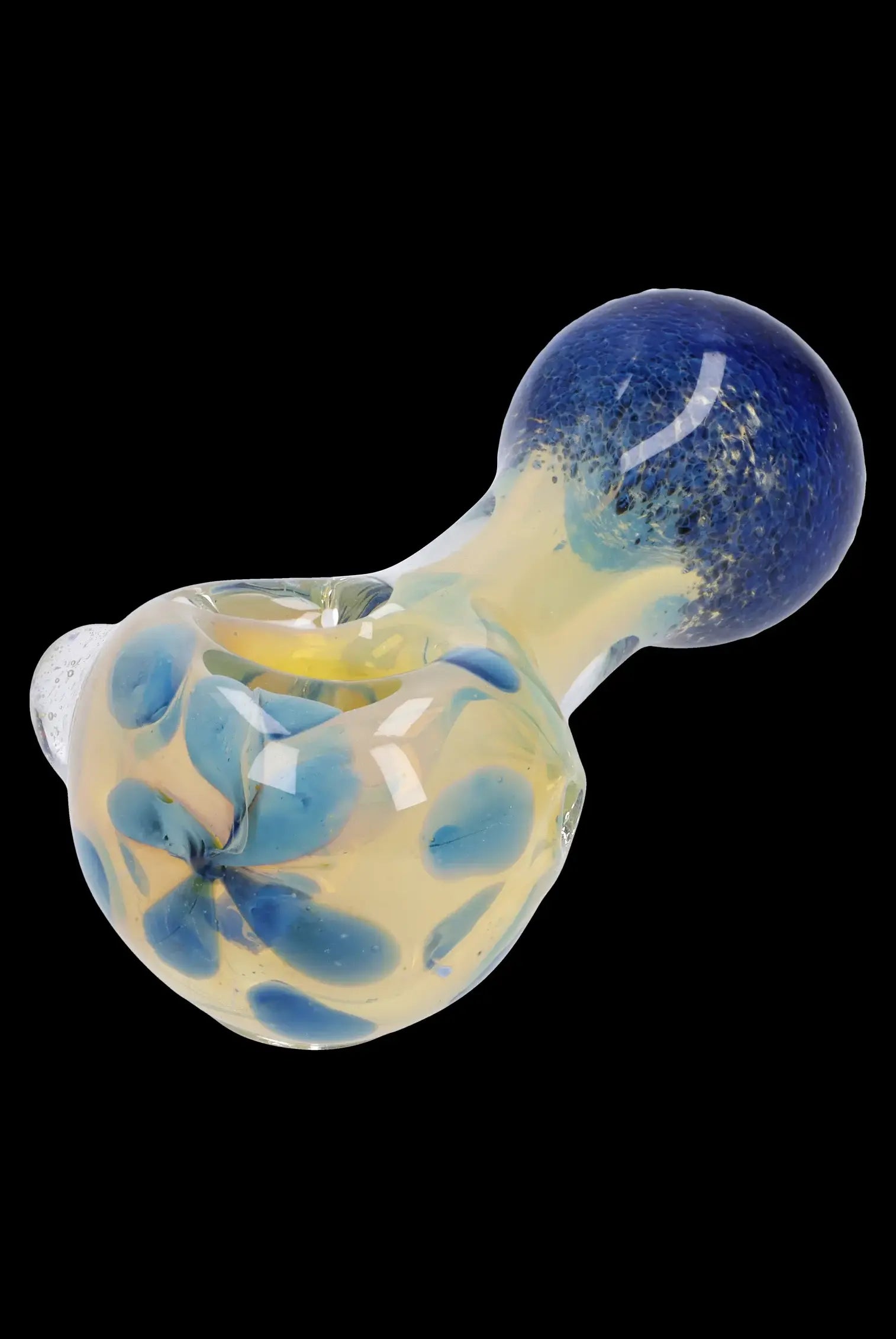 Hand-blown glass pipe with blue and yellow marbled pattern.