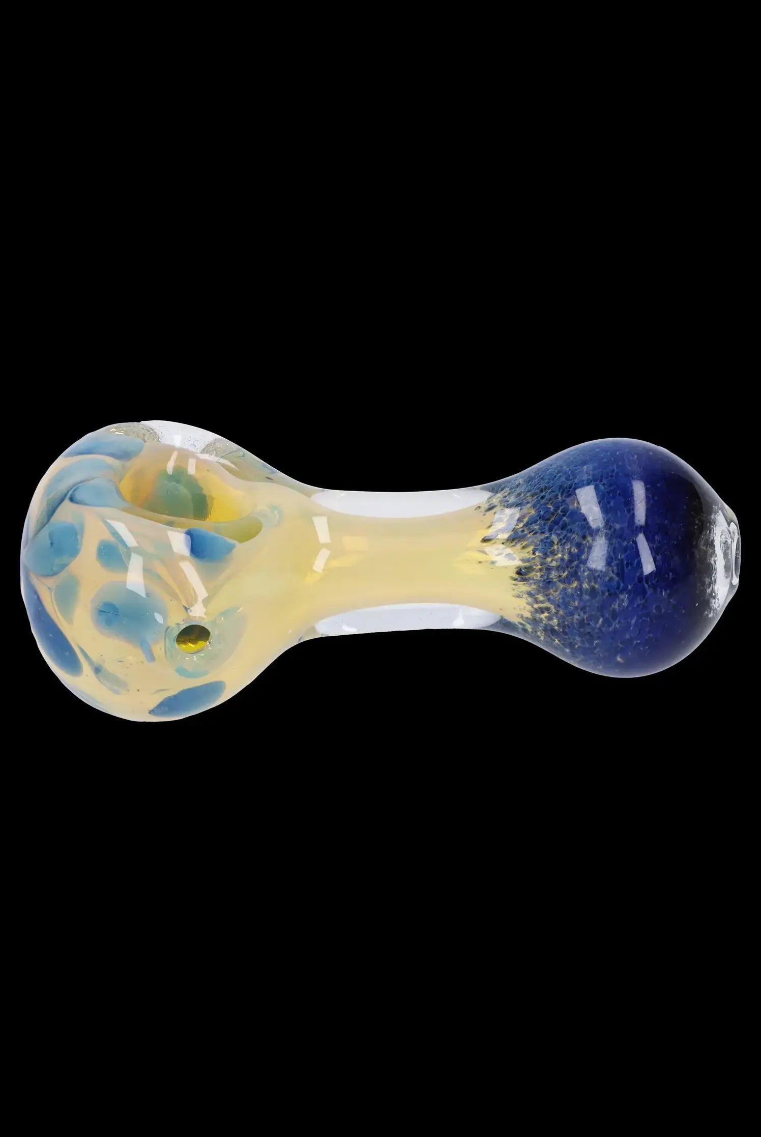 Glass pipe with blue and yellow galaxy-inspired swirls.