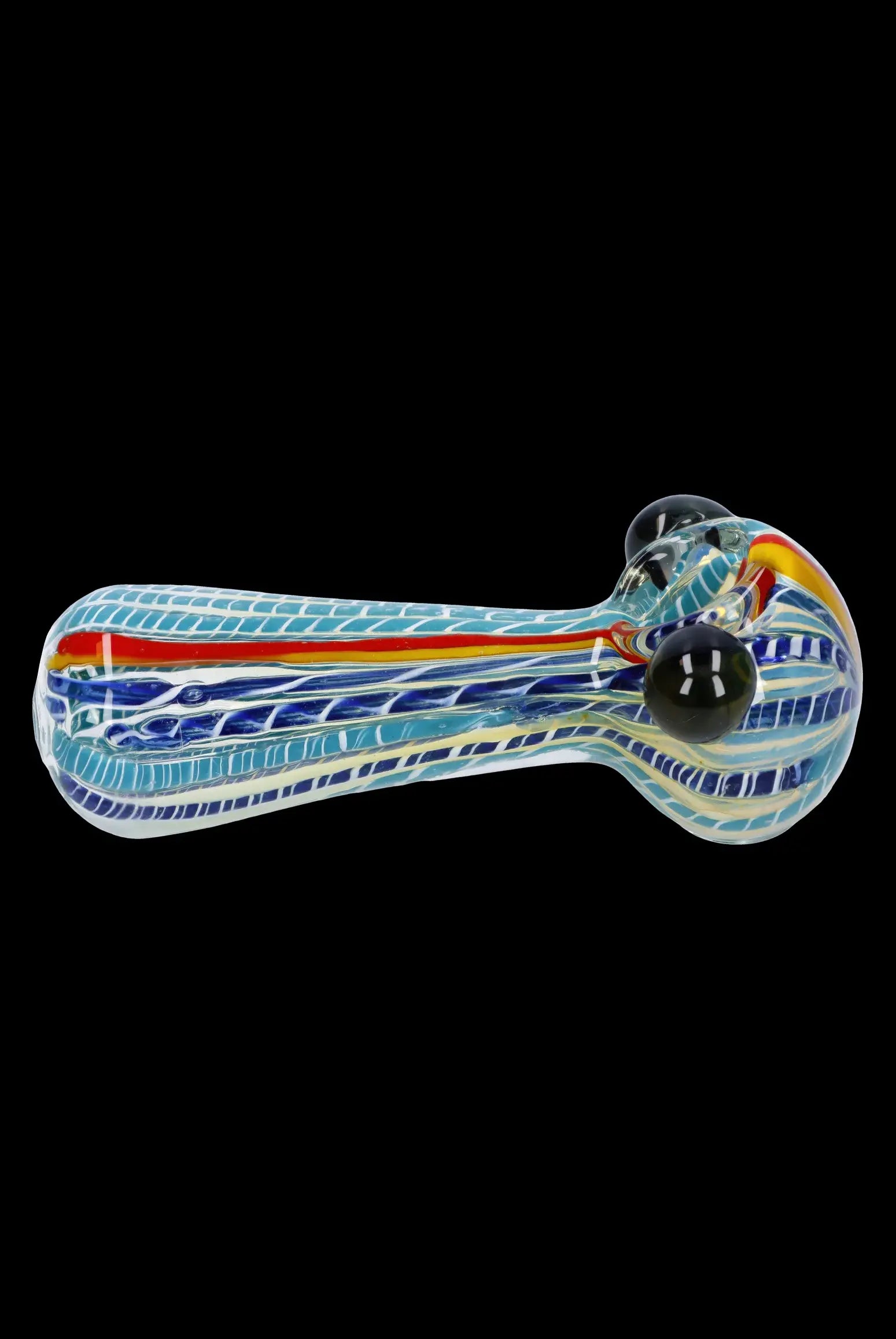 Hand pipe with colorful glass swirls.