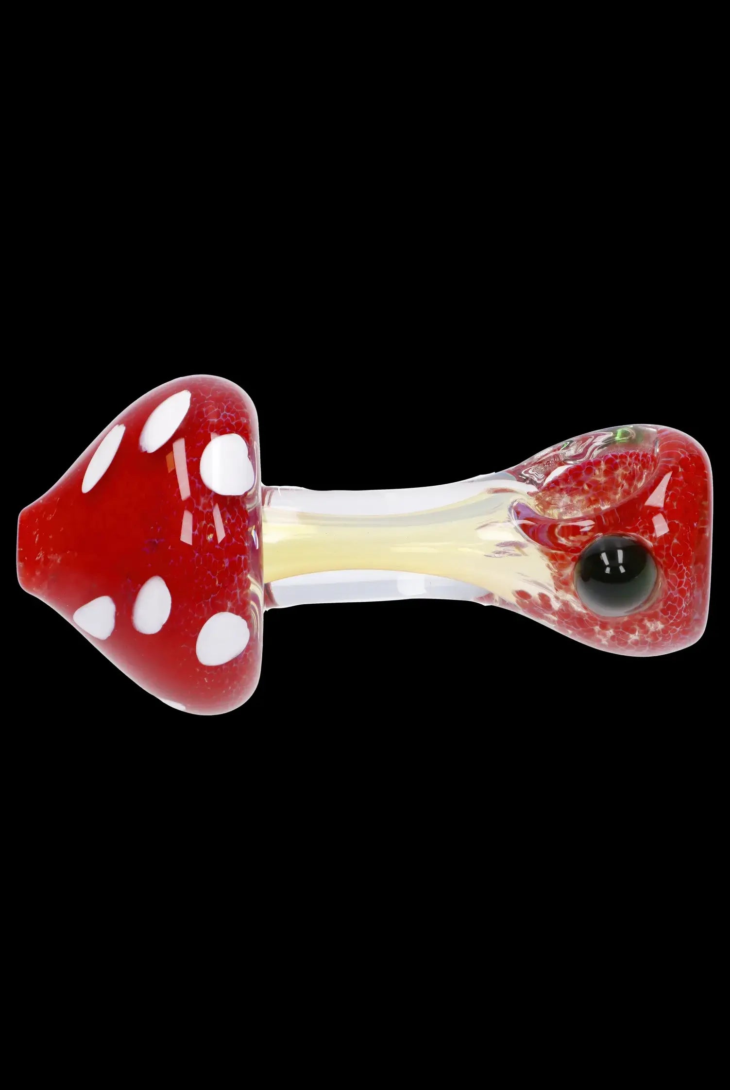 Red and white spotted glass mushroom pipe with a textured bowl.