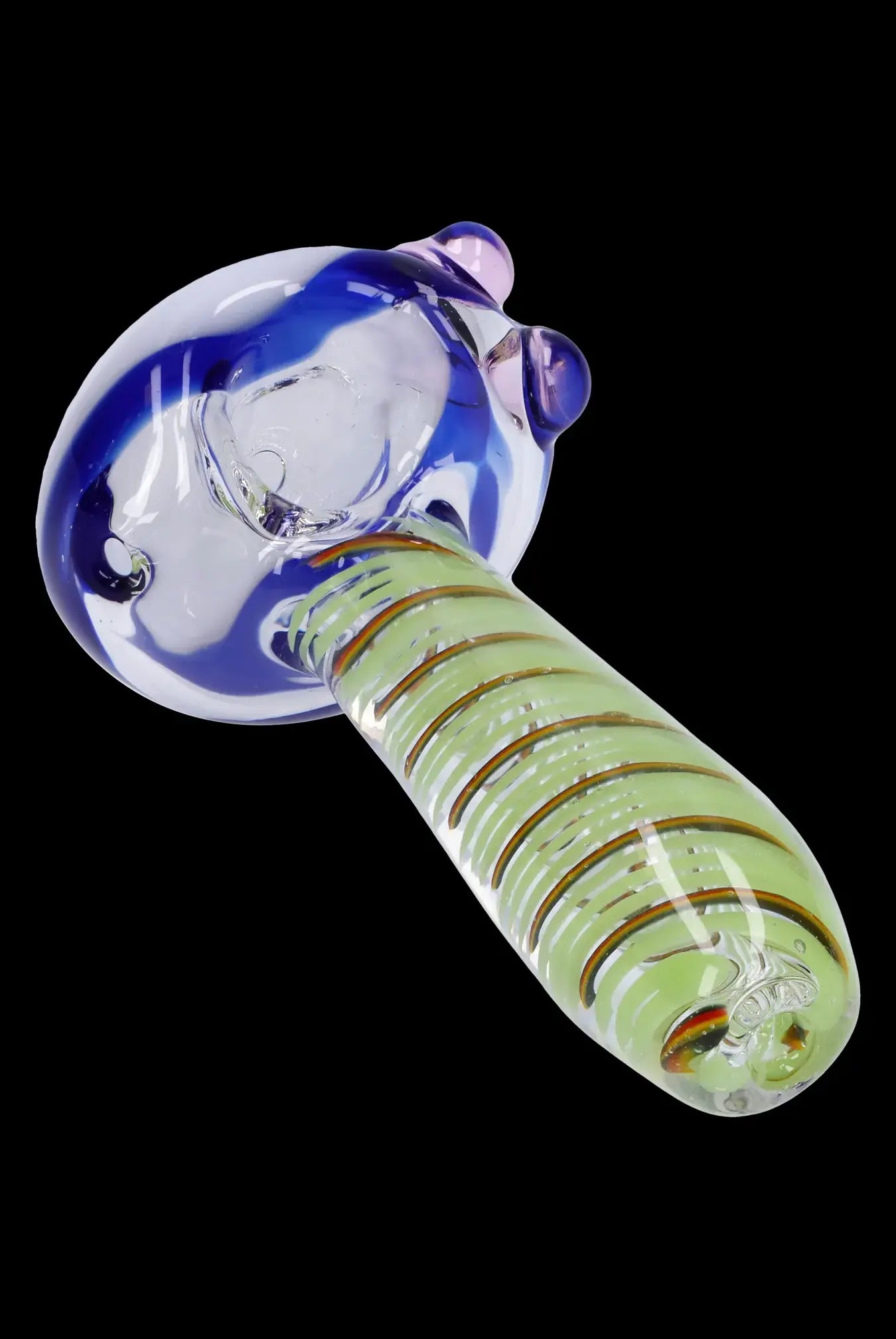 Glass pipe with blue and green striped design.