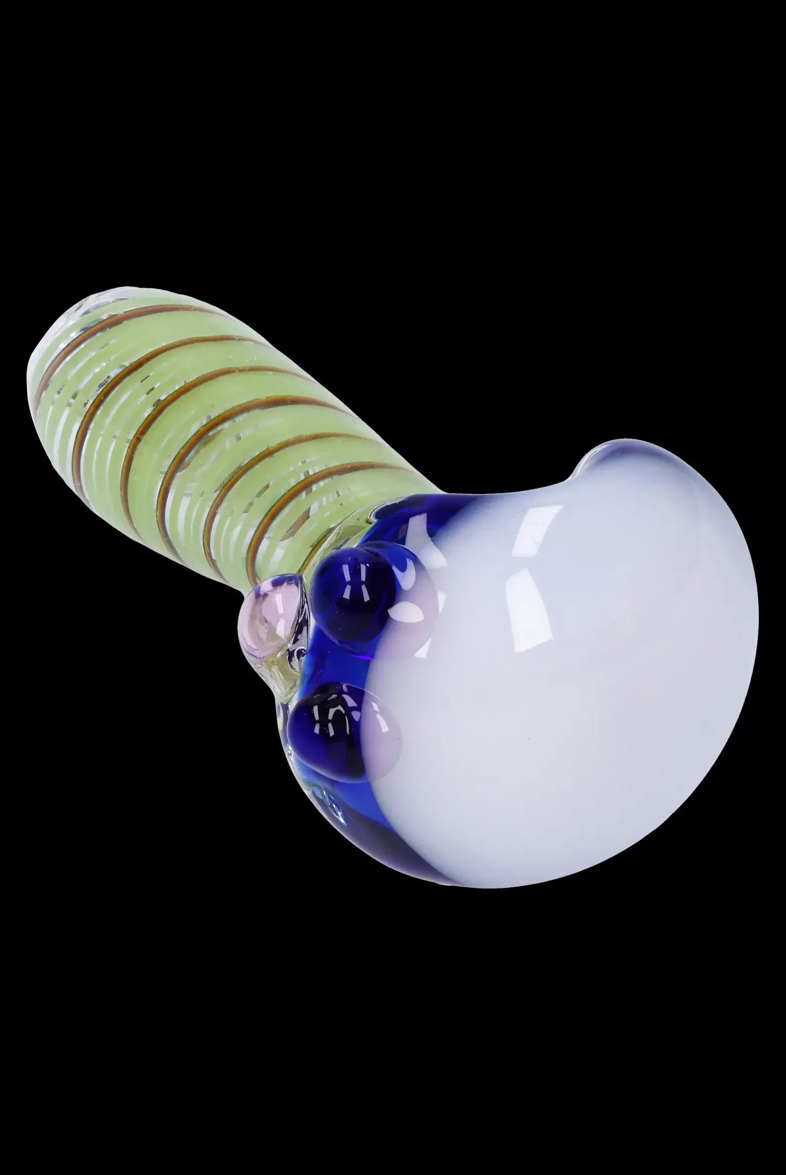 Glass pipe with striped green and gold stem and blue speckled bowl.