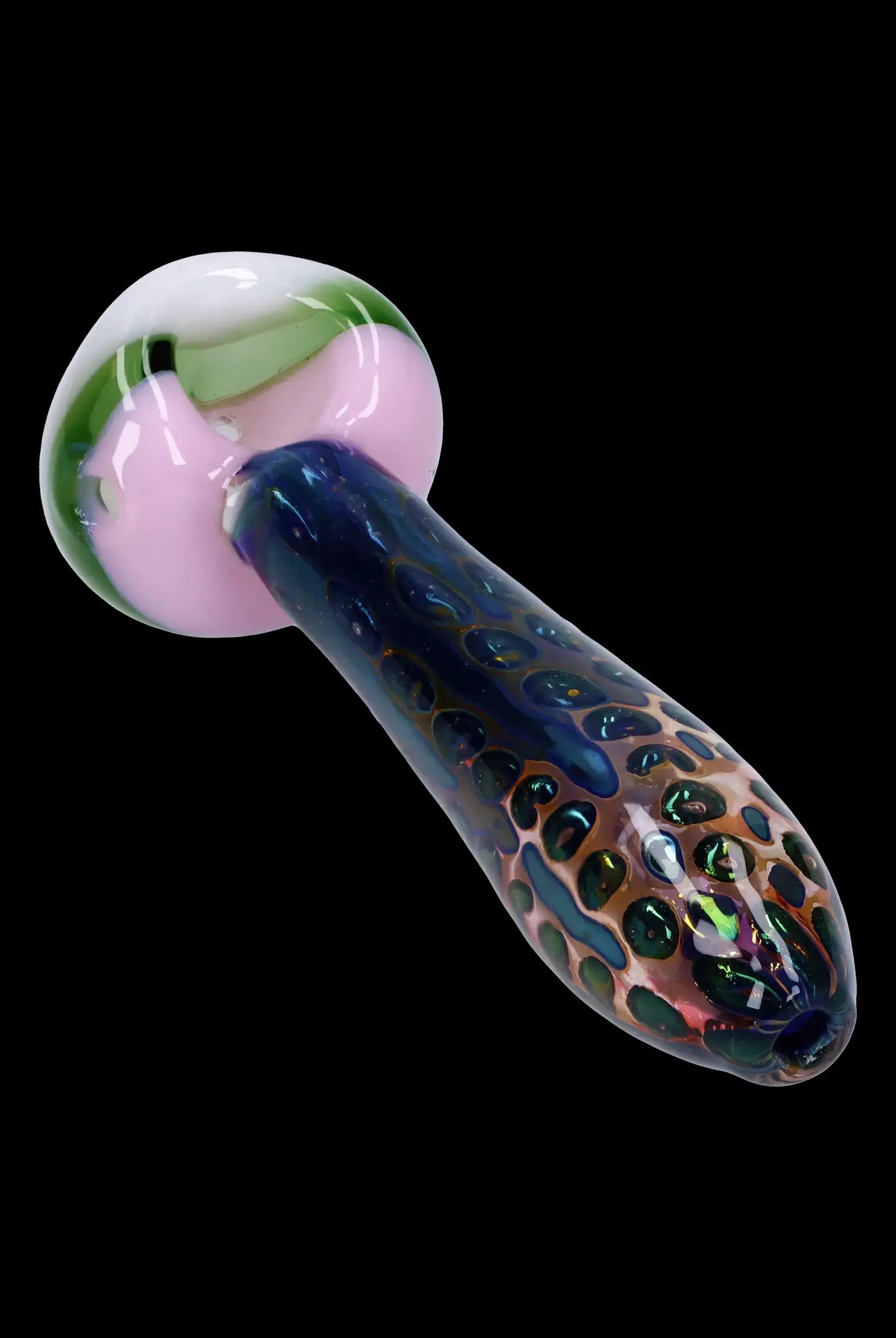Hand-blown glass pipe with pink and green swirl mouthpiece and a speckled dark blue and bronze body.