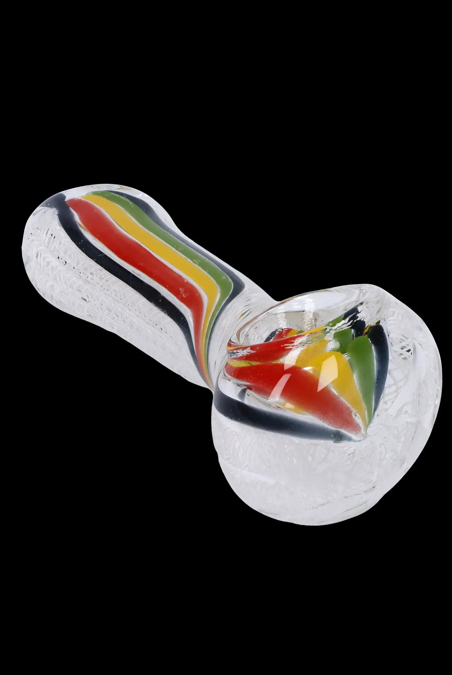 Clear glass pipe with red, yellow, and green swirls.