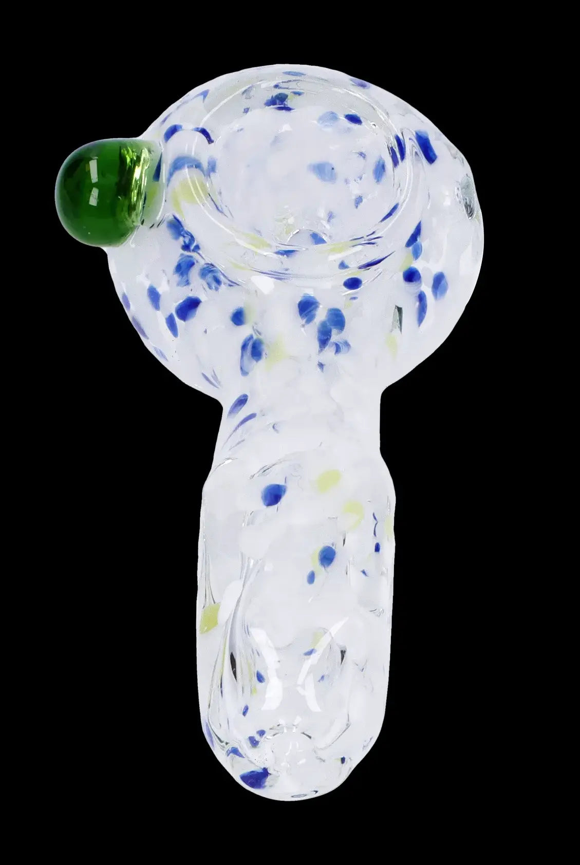 Glass cannabis pipe with blue and green speckled pattern.