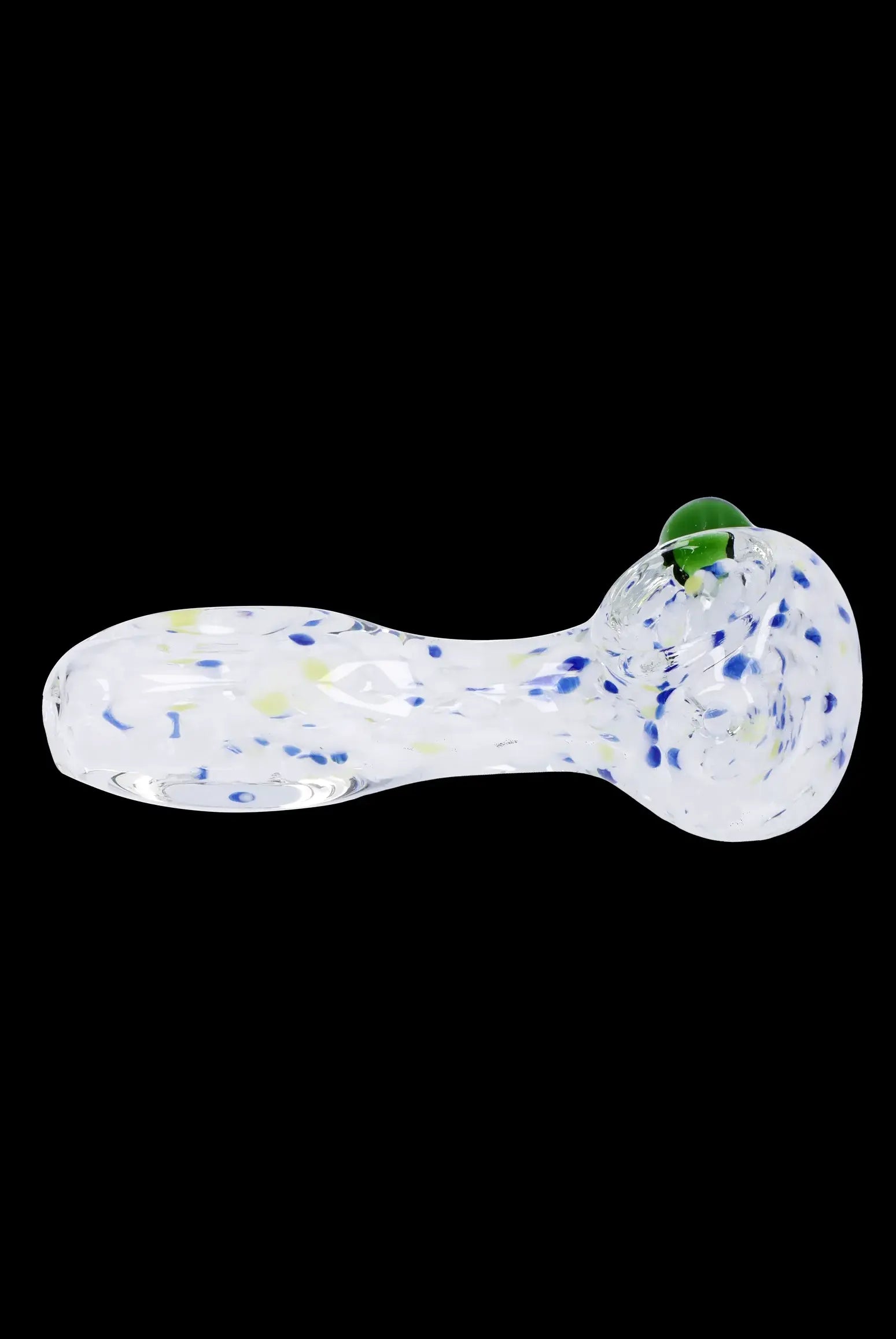 Clear glass pipe with colorful speckled pattern, isolated on a black background.
