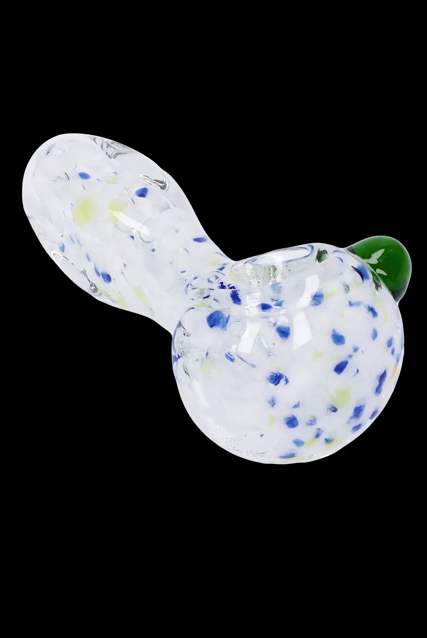 White and blue speckled glass pipe with green mouthpiece.