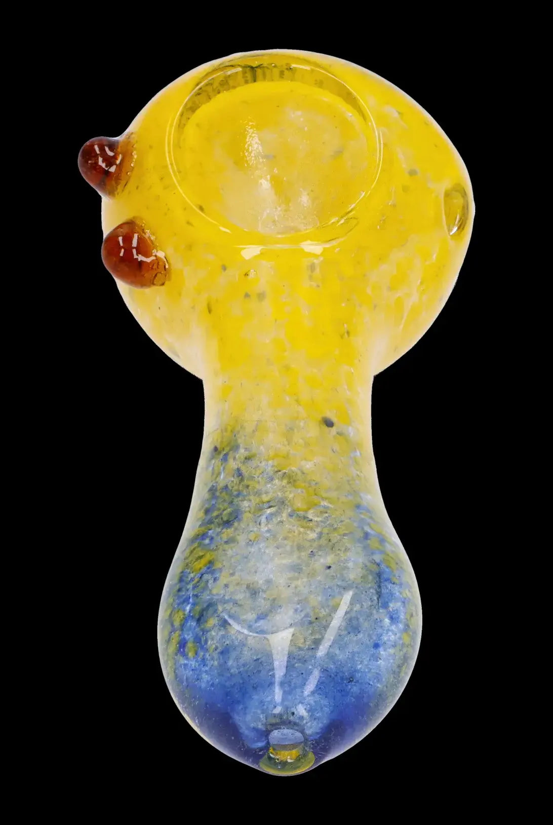 A colorful glass smoking pipe with a speckled yellow and blue gradient.